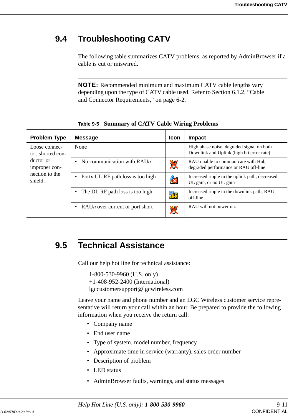 Help Hot Line (U.S. only): 1-800-530-9960 9-11D-620TBD-0-20 Rev A CONFIDENTIALTroubleshooting CATV9.4 Troubleshooting CATVThe following table summarizes CATV problems, as reported by AdminBrowser if a cable is cut or miswired.NOTE: Recommended minimum and maximum CATV cable lengths vary depending upon the type of CATV cable used. Refer to Section 6.1.2, “Cable and Connector Requirements,” on page 6-2.9.5 Technical AssistanceCall our help hot line for technical assistance:1-800-530-9960 (U.S. only)+1-408-952-2400 (International)lgccustomersupport@lgcwireless.comLeave your name and phone number and an LGC Wireless customer service repre-sentative will return your call within an hour. Be prepared to provide the following information when you receive the return call:• Company name• End user name• Type of system, model number, frequency• Approximate time in service (warranty), sales order number• Description of problem• LED status• AdminBrowser faults, warnings, and status messagesTable 9-5 Summary of CATV Cable Wiring ProblemsProblem Type Message Icon ImpactLoose connec-tor, shorted con-ductor or improper con-nection to the shield.None High phase noise, degraded signal on both Downlink and Uplink (high bit error rate)• No communication with RAUn  RAU unable to communicate with Hub, degraded performance or RAU off-line• Portn UL RF path loss is too high Increased ripple in the uplink path, decreased UL gain, or no UL gain• The DL RF path loss is too high Increased ripple in the downlink path, RAU off-line•RAUn over current or port short RAU will not power on.
