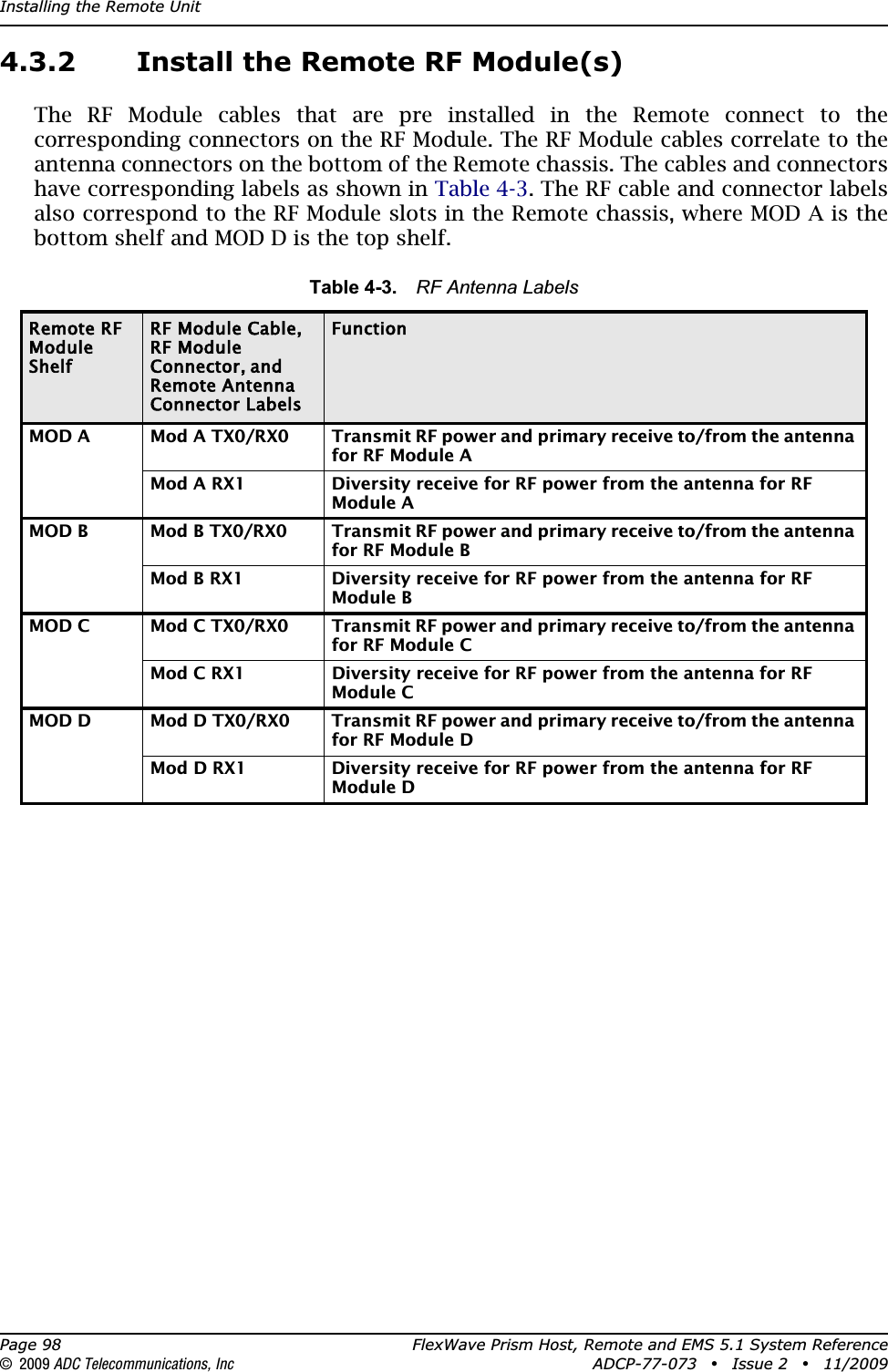 Installing the Remote UnitPage 98 FlexWave Prism Host, Remote and EMS 5.1 System Reference© 2009 ADC Telecommunications, Inc ADCP-77-073 • Issue 2 • 11/20094.3.2 Install the Remote RF Module(s)The RF Module cables that are pre installed in the Remote connect to the corresponding connectors on the RF Module. The RF Module cables correlate to the antenna connectors on the bottom of the Remote chassis. The cables and connectors have corresponding labels as shown in Table 4-3. The RF cable and connector labels also correspond to the RF Module slots in the Remote chassis, where MOD A is the bottom shelf and MOD D is the top shelf.Table 4-3. RF Antenna LabelsRemote RF ModuleShelfRF Module Cable,RF Module Connector, and Remote Antenna Connector LabelsFunctionMOD A Mod A TX0/RX0  Transmit RF power and primary receive to/from the antenna for RF Module AMod A RX1 Diversity receive for RF power from the antenna for RF Module AMOD B Mod B TX0/RX0  Transmit RF power and primary receive to/from the antenna for RF Module BMod B RX1 Diversity receive for RF power from the antenna for RF Module BMOD C Mod C TX0/RX0  Transmit RF power and primary receive to/from the antenna for RF Module CMod C RX1 Diversity receive for RF power from the antenna for RF Module CMOD D Mod D TX0/RX0  Transmit RF power and primary receive to/from the antenna for RF Module DMod D RX1 Diversity receive for RF power from the antenna for RF Module D