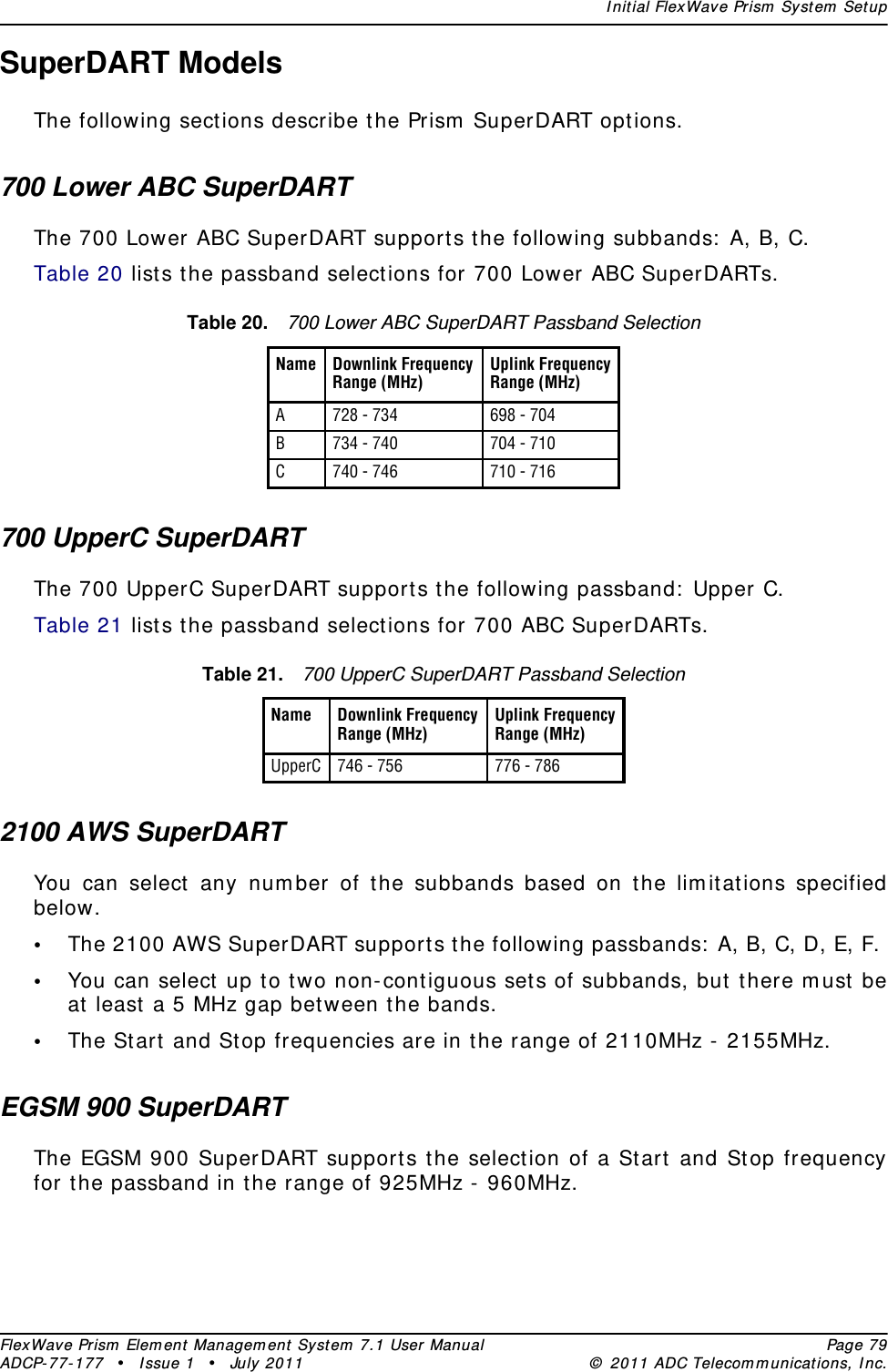 I nit ial FlexWave Prism  System  SetupFlexWave Prism  Elem ent  Managem ent Syst em  7.1 User Manual Page 79ADCP- 77- 1 77  • Issue 1 • July 2011 ©  2011 ADC Telecom m unicat ions, I nc.SuperDART ModelsThe following sect ions describe the Prism  SuperDART options.700 Lower ABC SuperDARTThe 700 Lower ABC SuperDART support s t he following subbands:  A, B, C.Table 20 lists t he passband select ions for 700 Lower ABC SuperDARTs.700 UpperC SuperDARTThe 700 UpperC SuperDART support s t he following passband:  Upper C.Table 21 list s t he passband selections for 700 ABC SuperDARTs.2100 AWS SuperDARTYou can select  any num ber of t he subbands based on the lim it ations specified below.•The 2100 AWS SuperDART support s t he following passbands:  A, B, C, D, E, F. •You can select up to two non-contiguous set s of subbands, but  there m ust  be at  least  a 5 MHz gap between the bands.•The St art  and St op frequencies are in t he range of 2110MHz -  2155MHz.EGSM 900 SuperDARTThe EGSM 900 SuperDART support s t he selection of a St art  and St op frequency for t he passband in the range of 925MHz - 960MHz.Table 20. 700 Lower ABC SuperDART Passband SelectionName Downlink FrequencyRange (MHz)Uplink FrequencyRange (MHz)A728 - 734 698 - 704B734 - 740 704 - 710C740 - 746 710 - 716Table 21. 700 UpperC SuperDART Passband SelectionName Downlink FrequencyRange (MHz)Uplink FrequencyRange (MHz)UpperC 746 - 756 776 - 786