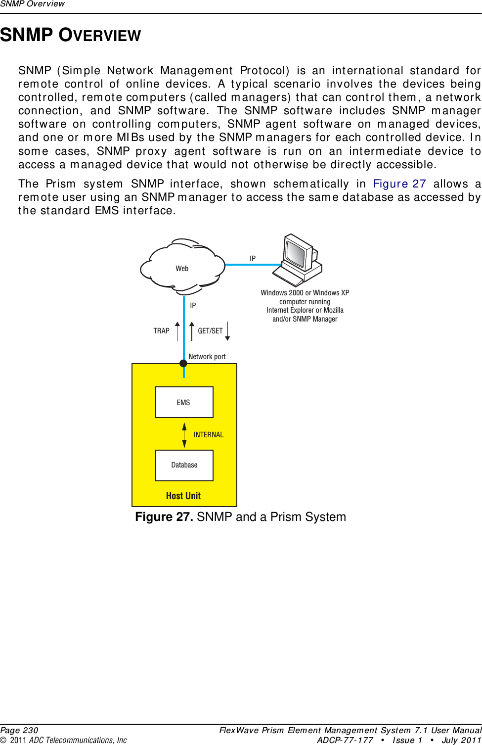 SNMP Overview  Page 230 FlexWave Prism  Elem ent Managem ent  System  7.1 User Manual© 2011 ADC Telecommunications, Inc ADCP-77- 177 • I ssue 1 • July 2011SNMP OVERVIEWSNMP ( Sim ple Net work Managem ent  Protocol)  is an international st andard for rem ot e control of online devices. A t ypical scenario involves t he devices being cont rolled, rem ot e com puters ( called m anagers)  that  can cont rol them , a network connect ion, and SNMP soft ware. The SNMP software includes SNMP m anager soft ware on cont rolling com put ers, SNMP agent  soft ware on m anaged devices, and one or m ore MI Bs used by the SNMP m anagers for each cont rolled device. I n som e cases, SNMP proxy agent software is run on an int erm ediate device t o access a m anaged device t hat would not  ot herwise be directly accessible.The Prism  syst em  SNMP int erface, shown schem at ically in Figure 27 allows a rem ot e user using an SNMP m anager t o access t he sam e dat abase as accessed by the st andard EMS interface.Figure 27. SNMP and a Prism SystemIPIPWebGET/SETTRAPWindows 2000 or Windows XPcomputer runningInternet Explorer or Mozillaand/or SNMP ManagerDatabaseEMSINTERNALNetwork portHost Unit