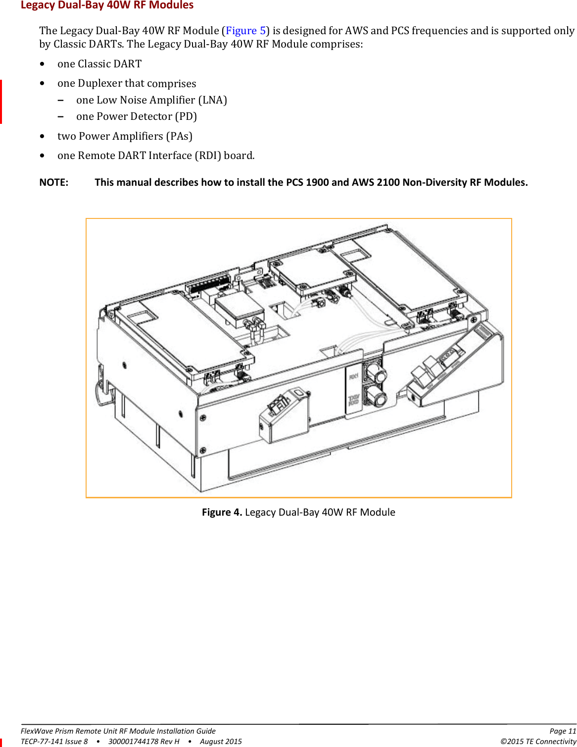 FlexWave Prism Remote Unit RF Module Installation Guide Page 11TECP-77-141 Issue 8  •  300001744178 Rev H  •  August 2015 ©2015 TE ConnectivityLegacy Dual-Bay 40W RF ModulesThe Legacy Dual-Bay 40W RF Module (Figure 5) is designed for AWS and PCS frequencies and is supported only by Classic DARTs. The Legacy Dual-Bay 40W RF Module comprises:•one Classic DART•one Duplexer that comprises–one Low Noise Amplifier (LNA)–one Power Detector (PD)•two Power Amplifiers (PAs)•one Remote DART Interface (RDI) board.NOTE: This manual describes how to install the PCS 1900 and AWS 2100 Non-Diversity RF Modules. Figure 4. Legacy Dual-Bay 40W RF Module