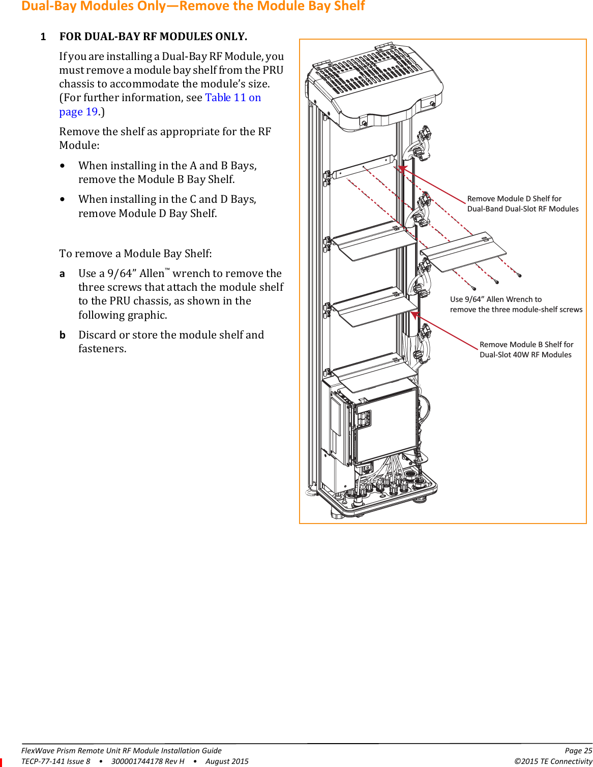 FlexWave Prism Remote Unit RF Module Installation Guide Page 25TECP-77-141 Issue 8  •  300001744178 Rev H  •  August 2015 ©2015 TE ConnectivityDual-Bay Modules Only—Remove the Module Bay Shelf1Use 9/64” Allen Wrench toremove the three module-shelf screwsRemove Module D Shelf forDual-Band Dual-Slot RF ModulesRemove Module B Shelf forDual-Slot 40W RF ModulesFOR DUAL-BAY RF MODULES ONLY.If you are installing a Dual-Bay RF Module, you must remove a module bay shelf from the PRU chassis to accommodate the module’s size. (For further information, see Table 11 on page 19.)Remove the shelf as appropriate for the RF Module:•When installing in the A and B Bays, remove the Module B Bay Shelf.•When installing in the C and D Bays, remove Module D Bay Shelf.To remove a Module Bay Shelf:aUse a 9/64” Allen™ wrench to remove the three screws that attach the module shelf to the PRU chassis, as shown in the following graphic.bDiscard or store the module shelf and fasteners.