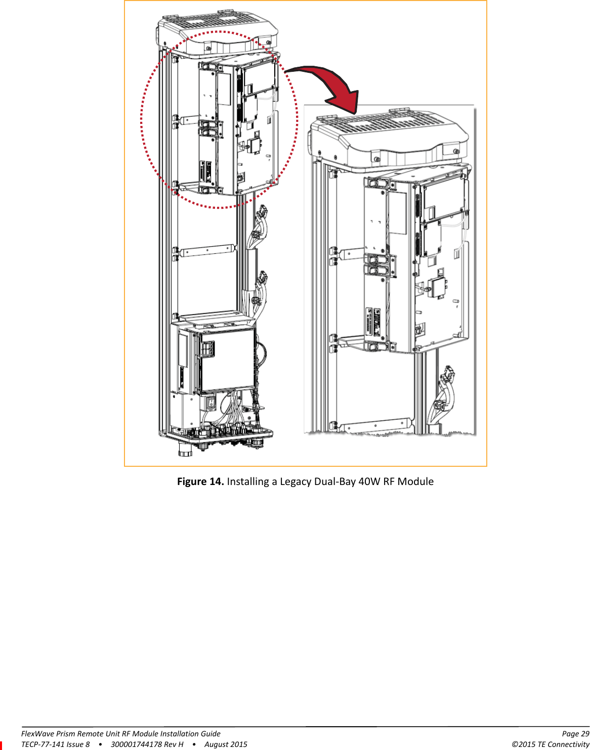 FlexWave Prism Remote Unit RF Module Installation Guide Page 29TECP-77-141 Issue 8  •  300001744178 Rev H  •  August 2015 ©2015 TE ConnectivityFigure 14. Installing a Legacy Dual-Bay 40W RF Module