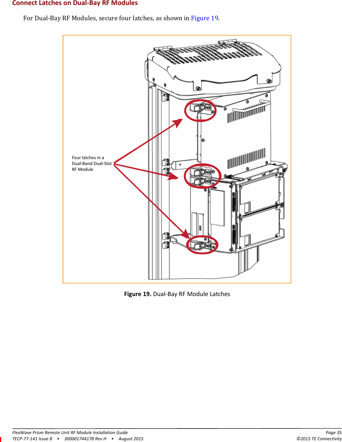FlexWave Prism Remote Unit RF Module Installation Guide Page 35TECP-77-141 Issue 8  •  300001744178 Rev H  •  August 2015 ©2015 TE ConnectivityConnect Latches on Dual-Bay RF ModulesFor Dual-Bay RF Modules, secure four latches, as shown in Figure 19.Four latches in aDual-Band Dual-SlotRF ModuleFigure 19. Dual-Bay RF Module Latches