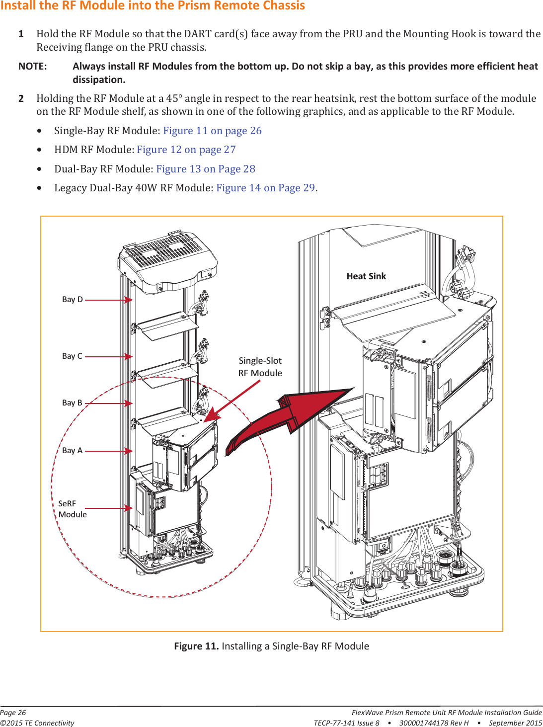 Page 26 FlexWave Prism Remote Unit RF Module Installation Guide©2015 TE Connectivity TECP-77-141 Issue 8  •  300001744178 Rev H  •  September 2015Install the RF Module into the Prism Remote Chassis1ȋȌǤNOTE: Always install RF Modules from the bottom up. Do not skip a bay, as this provides more efficient heat dissipation.2ͶͷιǡǡǡǤ•Ǧǣͳͳʹ͸•ǣͳʹʹ͹•Ǧǣͳ͵ʹͺ•ǦͶͲǣͳͶʹͻǤFigure 11. Installing a Single-Bay RF ModuleBay CBay DSeRFModuleBay ABay BSingle-SlotRF ModuleHeat Sink 