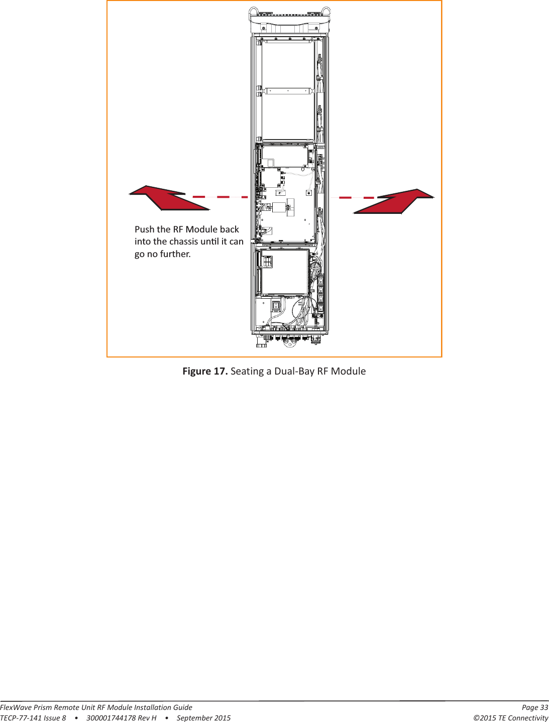 FlexWave Prism Remote Unit RF Module Installation Guide Page 33TECP-77-141 Issue 8  •  300001744178 Rev H  •  September 2015 ©2015 TE ConnectivityFigure 17. Seating a Dual-Bay RF ModulePush the RF Module backinto the chassis unƟl it cango no further.