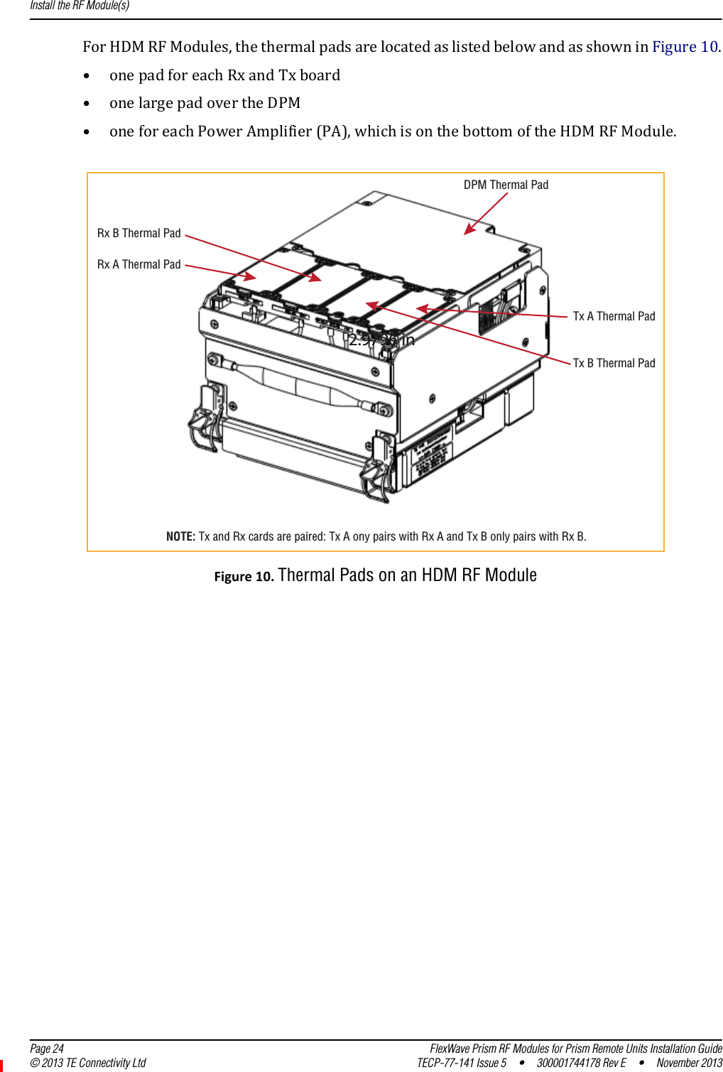 Install the RF Module(s)  Page 24 FlexWave Prism RF Modules for Prism Remote Units Installation Guide© 2013 TE Connectivity Ltd TECP-77-141 Issue 5  •  300001744178 Rev E  •  November 2013ForHDMRFModules,thethermalpadsarelocatedaslistedbelowandasshowninFigure10.•onepadforeachRxandTxboard•onelargepadovertheDPM•oneforeachPowerAmplifier(PA),whichisonthebottomoftheHDMRFModule.Figure10.Thermal Pads on an HDM RF ModuleDPM Thermal PadTx A Thermal PadTx B Thermal PadRx A Thermal PadRx B Thermal Pad2.9796 in2.9796 inNOTE: Tx and Rx cards are paired: Tx A ony pairs with Rx A and Tx B only pairs with Rx B.