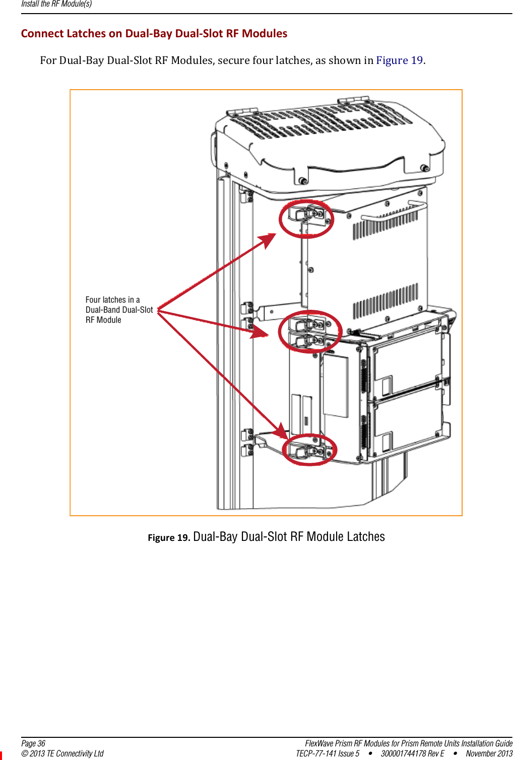 Install the RF Module(s)  Page 36 FlexWave Prism RF Modules for Prism Remote Units Installation Guide© 2013 TE Connectivity Ltd TECP-77-141 Issue 5  •  300001744178 Rev E  •  November 2013ConnectLatchesonDual‐BayDual‐SlotRFModulesForDual‐BayDual‐SlotRFModules,securefourlatches,asshowninFigure19.Figure19.Dual-Bay Dual-Slot RF Module LatchesFour latches in aDual-Band Dual-SlotRF Module