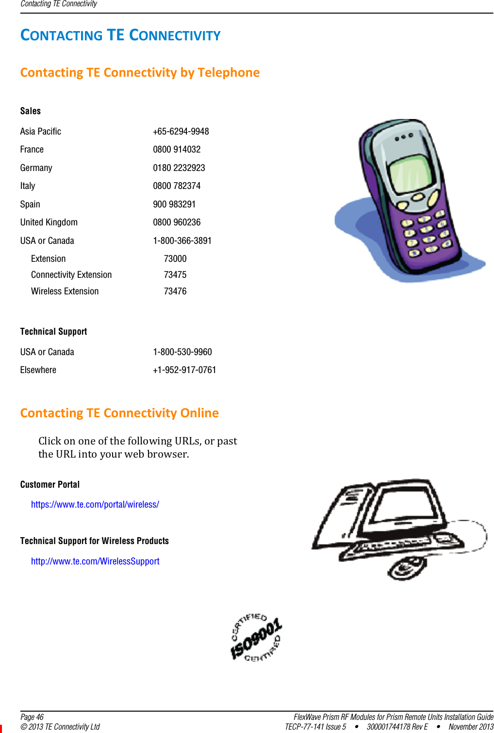 Contacting TE Connectivity  Page 46 FlexWave Prism RF Modules for Prism Remote Units Installation Guide© 2013 TE Connectivity Ltd TECP-77-141 Issue 5  •  300001744178 Rev E  •  November 2013CONTACTINGTECONNECTIVITYContactingTEConnectivitybyTelephoneContactingTEConnectivityOnlineClickononeofthefollowingURLs,orpasttheURLintoyourwebbrowser.SalesAsia Pacific +65-6294-9948France 0800 914032Germany 0180 2232923Italy 0800 782374Spain 900 983291United Kingdom 0800 960236USA or Canada 1-800-366-3891Extension 73000Connectivity Extension 73475Wireless Extension 73476Technical SupportUSA or Canada 1-800-530-9960Elsewhere +1-952-917-0761Customer Portalhttps://www.te.com/portal/wireless/Technical Support for Wireless Productshttp://www.te.com/WirelessSupport 