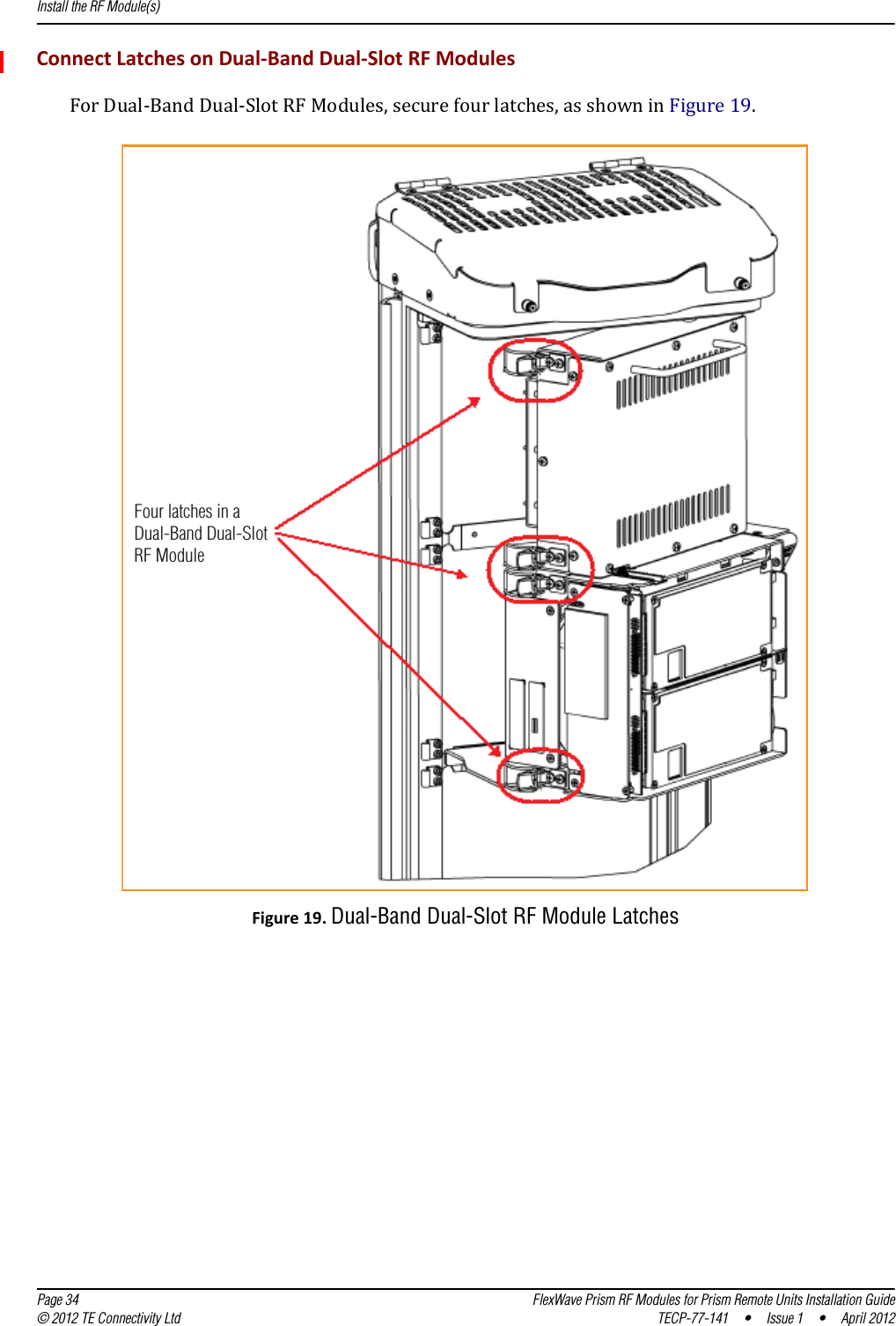 Install the RF Module(s)  Page 34 FlexWave Prism RF Modules for Prism Remote Units Installation Guide© 2012 TE Connectivity Ltd TECP-77-141 • Issue 1 • April 2012ConnectLatchesonDual‐BandDual‐SlotRFModulesForDual‐BandDual‐SlotRFModules,securefourlatches,asshowninFigure19.Four latches in aDual-Band Dual-SlotRF ModuleFigure19.Dual-Band Dual-Slot RF Module Latches