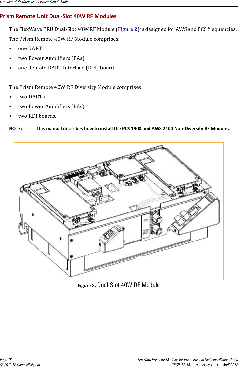 Overview of RF Modules for Prism Remote Units  Page 18 FlexWave Prism RF Modules for Prism Remote Units Installation Guide© 2012 TE Connectivity Ltd TECP-77-141 • Issue 1 • April 2012PrismRemoteUnitDual‐Slot40WRFModulesTheFlexWavePRUDual‐Slot40WRFModule(Figure2)isdesignedforAWSandPCSfrequencies.ThePrismRemote40WRFModulecomprises:•oneDART•twoPowerAmplifiers(PAs)•oneRemoteDARTInterface(RDI)board.ThePrismRemote40WRFDiversityModulecomprises:•twoDARTs•twoPowerAmplifiers(PAs)•twoRDIboards.NOTE: ThismanualdescribeshowtoinstallthePCS1900andAWS2100Non‐DiversityRFModules.Figure8.Dual-Slot 40W RF Module