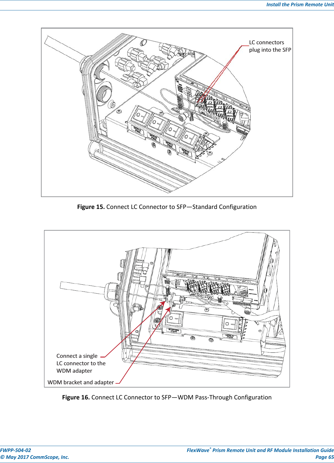 Install the Prism Remote UnitFWPP-504-02 FlexWave® Prism Remote Unit and RF Module Installation Guide© May 2017 CommScope, Inc. Page 65Figure 15. Connect LC Connector to SFP—Standard ConfigurationFigure 16. Connect LC Connector to SFP—WDM Pass-Through ConfigurationLC connectorsplug into the SFPConnect a singleLC connector to theWDM adapterWDM bracket and adapter