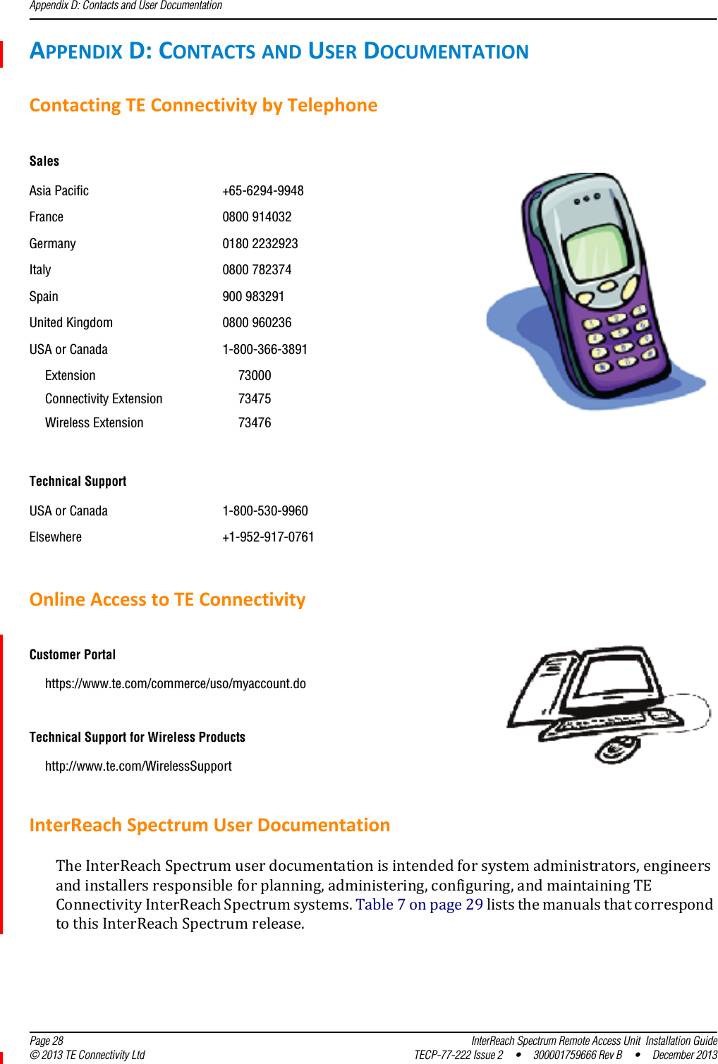Appendix D: Contacts and User Documentation  Page 28 InterReach Spectrum Remote Access Unit  Installation Guide© 2013 TE Connectivity Ltd TECP-77-222 Issue 2  •  300001759666 Rev B  •  December 2013APPENDIXD:CONTACTSANDUSERDOCUMENTATIONContactingTEConnectivitybyTelephoneOnlineAccesstoTEConnectivityInterReachSpectrumUserDocumentationTheInterReachSpectrumuserdocumentationisintendedforsystemadministrators,engineersandinstallersresponsibleforplanning,administering,configuring,andmaintainingTEConnectivityInterReachSpectrumsystems.Table7onpage29liststhemanualsthatcorrespondtothisInterReachSpectrumrelease.SalesAsia Pacific +65-6294-9948France 0800 914032Germany 0180 2232923Italy 0800 782374Spain 900 983291United Kingdom 0800 960236USA or Canada 1-800-366-3891Extension 73000Connectivity Extension 73475Wireless Extension 73476Technical SupportUSA or Canada 1-800-530-9960Elsewhere +1-952-917-0761Customer Portalhttps://www.te.com/commerce/uso/myaccount.doTechnical Support for Wireless Productshttp://www.te.com/WirelessSupport 