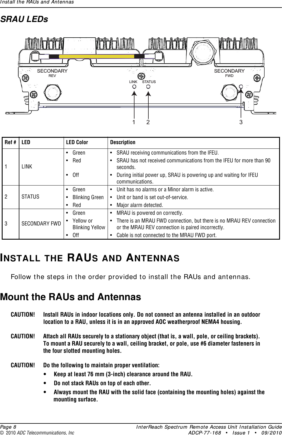Install the RAUs and Antennas  Page 8 InterReach Spectrum Remote Access Unit Installation Guide© 2010 ADC Telecommunications, Inc ADCP-77-168 • Issue 1 • 09/2010SRAU LEDsINSTALL THE RAUS AND ANTENNASFollow the steps in the order provided to install the RAUs and antennas.Mount the RAUs and AntennasCAUTION! Install RAUs in indoor locations only. Do not connect an antenna installed in an outdoor location to a RAU, unless it is in an approved AOC weatherproof NEMA4 housing.CAUTION! Attach all RAUs securely to a stationary object (that is, a wall, pole, or ceiling brackets). To mount a RAU securely to a wall, ceiling bracket, or pole, use #6 diameter fasteners in the four slotted mounting holes.CAUTION! Do the following to maintain proper ventilation:• Keep at least 76 mm (3-inch) clearance around the RAU.• Do not stack RAUs on top of each other.• Always mount the RAU with the solid face (containing the mounting holes) against the mounting surface.Ref # LED LED Color Description1LINK•Green •SRAU receiving communications from the IFEU.• Red • SRAU has not received communications from the IFEU for more than 90 seconds.• Off • During initial power up, SRAU is powering up and waiting for IFEU communications.2STATUS• Green • Unit has no alarms or a Minor alarm is active.• Blinking Green • Unit or band is set out-of-service.• Red • Major alarm detected.3SECONDARY FWD• Green • MRAU is powered on correctly.•Yellow orBlinking Yellow• There is an MRAU FWD connection, but there is no MRAU REV connection or the MRAU REV connection is paired incorrectly.• Off • Cable is not connected to the MRAU FWD port.LINK STATUSSECONDARYREVSECONDARYFWD21 3