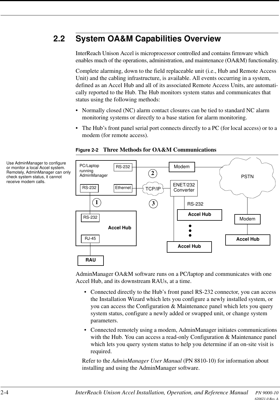 2-4 InterReach Unison Accel Installation, Operation, and Reference Manual PN 9000-10620021-0 Rev. A2.2 System OA&amp;M Capabilities OverviewInterReach Unison Accel is microprocessor controlled and contains firmware which enables much of the operations, administration, and maintenance (OA&amp;M) functionality.Complete alarming, down to the field replaceable unit (i.e., Hub and Remote Access Unit) and the cabling infrastructure, is available. All events occurring in a system, defined as an Accel Hub and all of its associated Remote Access Units, are automati-cally reported to the Hub. The Hub monitors system status and communicates that status using the following methods:• Normally closed (NC) alarm contact closures can be tied to standard NC alarm monitoring systems or directly to a base station for alarm monitoring.• The Hub’s front panel serial port connects directly to a PC (for local access) or to a modem (for remote access).Figure 2-2 Three Methods for OA&amp;M CommunicationsAdminManager OA&amp;M software runs on a PC/laptop and communicates with one Accel Hub, and its downstream RAUs, at a time.• Connected directly to the Hub’s front panel RS-232 connector, you can access the Installation Wizard which lets you configure a newly installed system, or you can access the Configuration &amp; Maintenance panel which lets you query system status, configure a newly added or swapped unit, or change system parameters.• Connected remotely using a modem, AdminManager initiates communications with the Hub. You can access a read-only Configuration &amp; Maintenance panel which lets you query system status to help you determine if an on-site visit is required.Refer to the AdminManager User Manual (PN 8810-10) for information about installing and using the AdminManager software.PSTNRS-232RS-232 EthernetPC/LaptoprunningModemAccel HubModemAccel HubRS-232ENET/232ConverterRS-232RJ-45Accel HubAccel HubAdminManagerUse AdminManager to configureor monitor a local Accel system.Remotely, AdminManager can onlycheck system status, it cannotreceive modem calls.TCP/IPRAU123