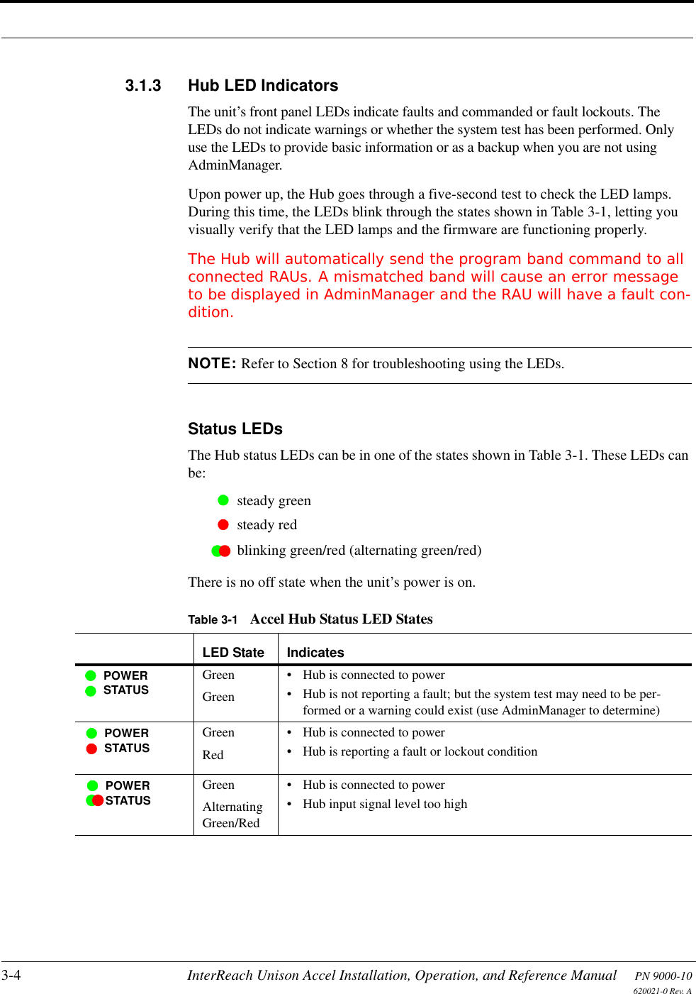 3-4 InterReach Unison Accel Installation, Operation, and Reference Manual PN 9000-10620021-0 Rev. A3.1.3 Hub LED IndicatorsThe unit’s front panel LEDs indicate faults and commanded or fault lockouts. The LEDs do not indicate warnings or whether the system test has been performed. Only use the LEDs to provide basic information or as a backup when you are not using AdminManager.Upon power up, the Hub goes through a five-second test to check the LED lamps. During this time, the LEDs blink through the states shown in Table 3-1, letting you visually verify that the LED lamps and the firmware are functioning properly.The Hub will automatically send the program band command to all connected RAUs. A mismatched band will cause an error message to be displayed in AdminManager and the RAU will have a fault con-dition.NOTE: Refer to Section 8 for troubleshooting using the LEDs.Status LEDsThe Hub status LEDs can be in one of the states shown in Table 3-1. These LEDs can be:steady greensteady redblinking green/red (alternating green/red)There is no off state when the unit’s power is on.Table 3-1 Accel Hub Status LED StatesLED State IndicatesGreenGreen• Hub is connected to power• Hub is not reporting a fault; but the system test may need to be per-formed or a warning could exist (use AdminManager to determine)GreenRed• Hub is connected to power• Hub is reporting a fault or lockout conditionGreenAlternating Green/Red• Hub is connected to power• Hub input signal level too highPOWERSTATUSPOWERSTATUSPOWERSTATUS