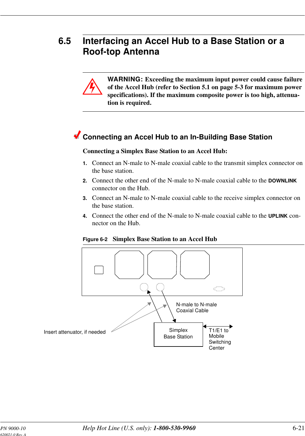 PN 9000-10 Help Hot Line (U.S. only): 1-800-530-9960 6-21620021-0 Rev. A6.5 Interfacing an Accel Hub to a Base Station or a Roof-top AntennaWARNING: Exceeding the maximum input power could cause failure of the Accel Hub (refer to Section 5.1 on page 5-3 for maximum power specifications). If the maximum composite power is too high, attenua-tion is required.Connecting an Accel Hub to an In-Building Base StationConnecting a Simplex Base Station to an Accel Hub:1. Connect an N-male to N-male coaxial cable to the transmit simplex connector on the base station.2. Connect the other end of the N-male to N-male coaxial cable to the DOWNLINK connector on the Hub.3. Connect an N-male to N-male coaxial cable to the receive simplex connector on the base station.4. Connect the other end of the N-male to N-male coaxial cable to the UPLINK con-nector on the Hub.Figure 6-2 Simplex Base Station to an Accel HubN-male to N-maleCoaxial CableBase StationSimplex T1/E1 toMobileSwitchingCenterInsert attenuator, if needed