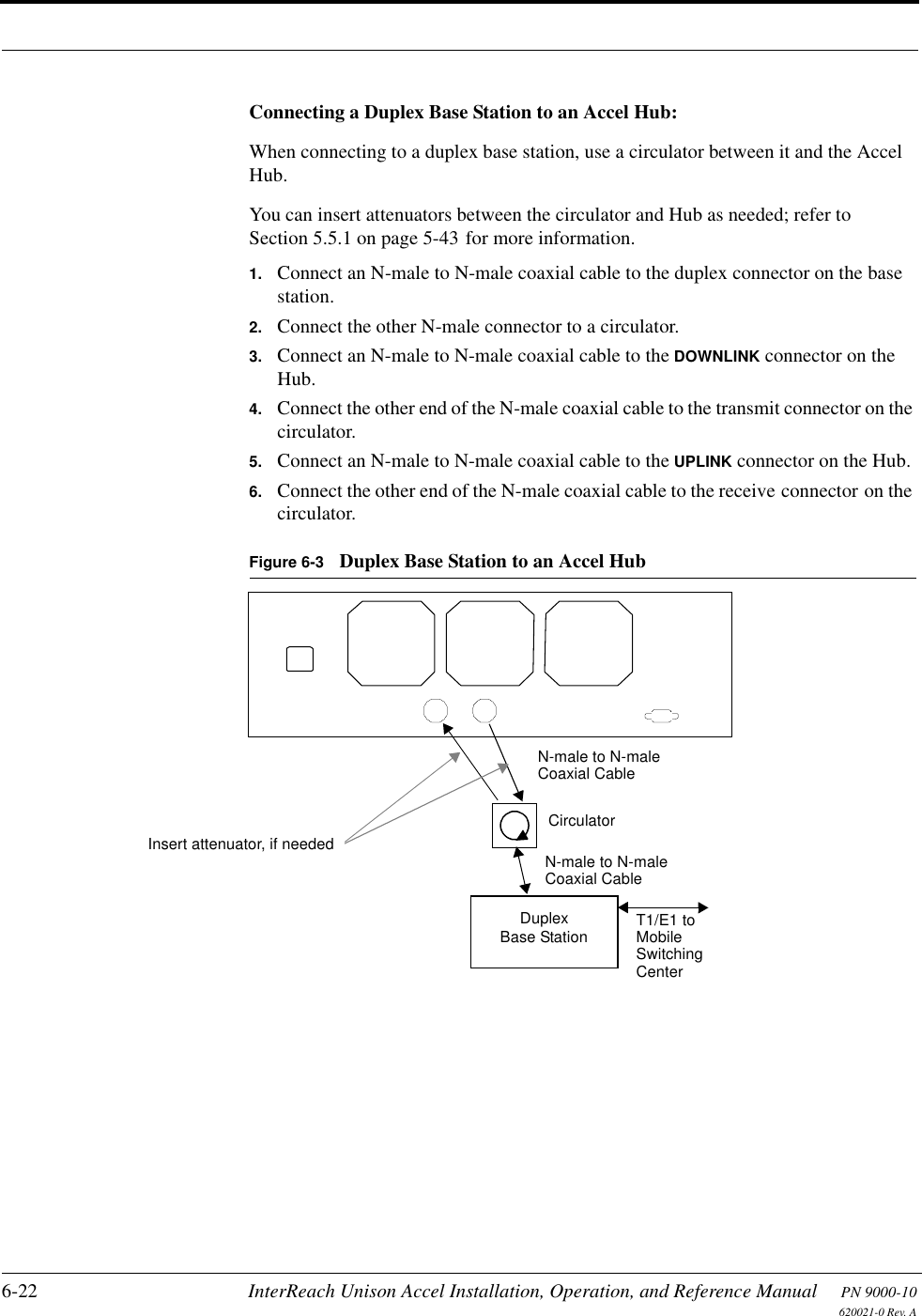 6-22 InterReach Unison Accel Installation, Operation, and Reference Manual PN 9000-10620021-0 Rev. AConnecting a Duplex Base Station to an Accel Hub:When connecting to a duplex base station, use a circulator between it and the Accel Hub.You can insert attenuators between the circulator and Hub as needed; refer to Section 5.5.1 on page 5-43 for more information.1. Connect an N-male to N-male coaxial cable to the duplex connector on the base station.2. Connect the other N-male connector to a circulator.3. Connect an N-male to N-male coaxial cable to the DOWNLINK connector on the Hub.4. Connect the other end of the N-male coaxial cable to the transmit connector on the circulator.5. Connect an N-male to N-male coaxial cable to the UPLINK connector on the Hub.6. Connect the other end of the N-male coaxial cable to the receive connector on the circulator.Figure 6-3 Duplex Base Station to an Accel HubN-male to N-maleCoaxial CableBase StationDuplex T1/E1 toMobileSwitchingCenterInsert attenuator, if needed N-male to N-maleCoaxial CableCirculator