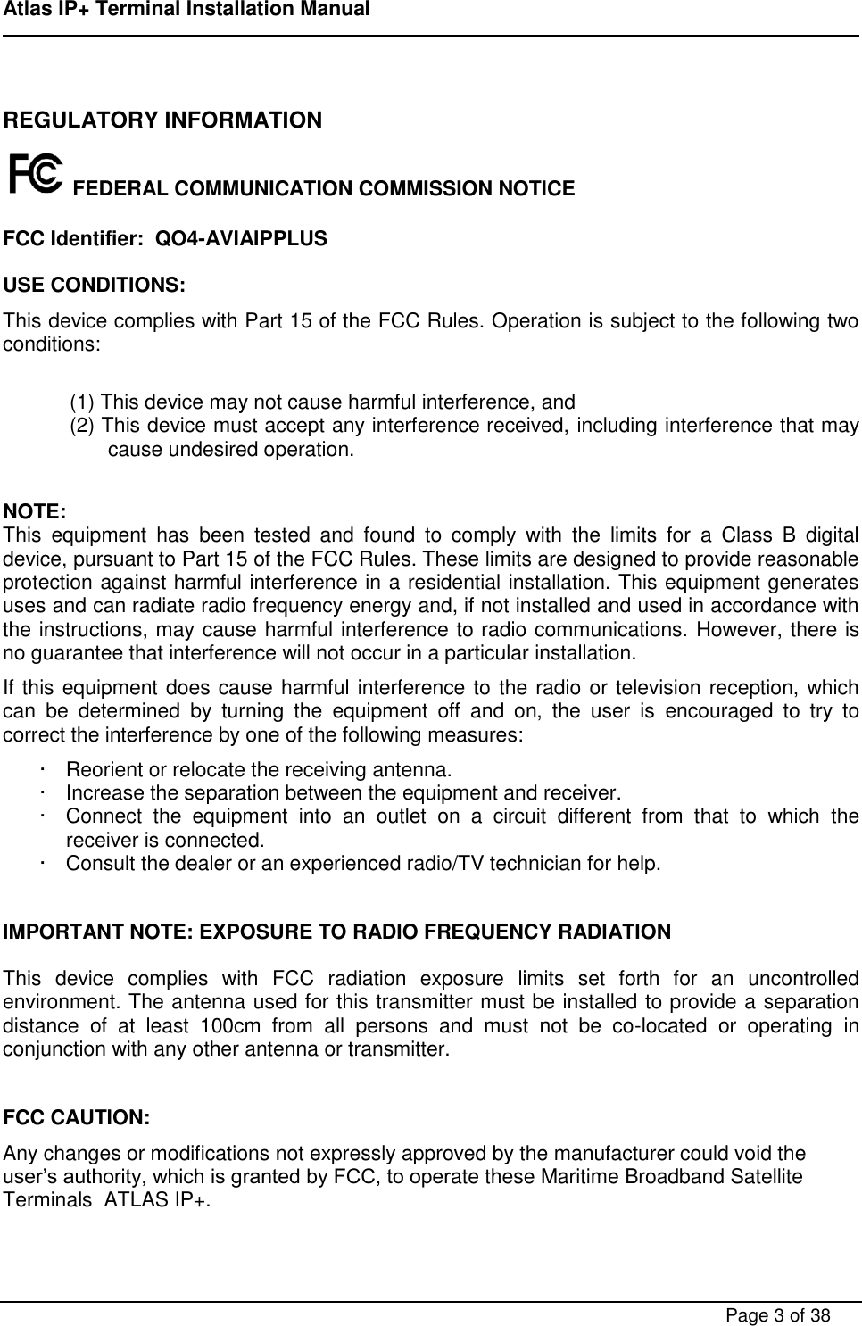 Page 3 of ADDVALUE INNOVATION AVIAIPPLUS Maritime Satellite Terminal User Manual FX 150 Installation Manual