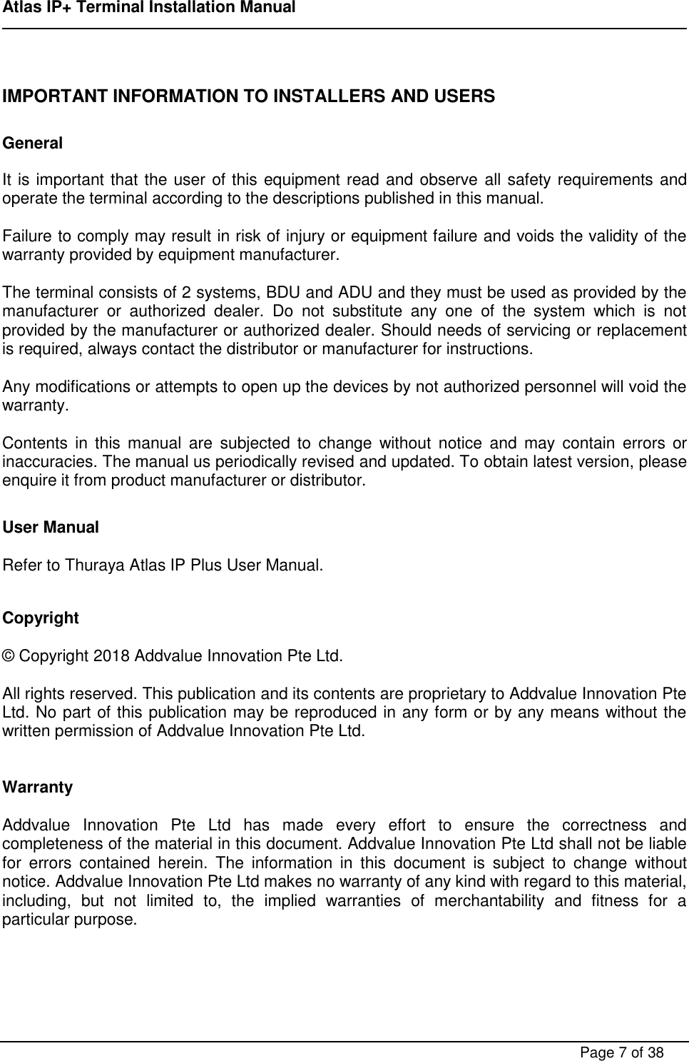 Page 7 of ADDVALUE INNOVATION AVIAIPPLUS Maritime Satellite Terminal User Manual FX 150 Installation Manual