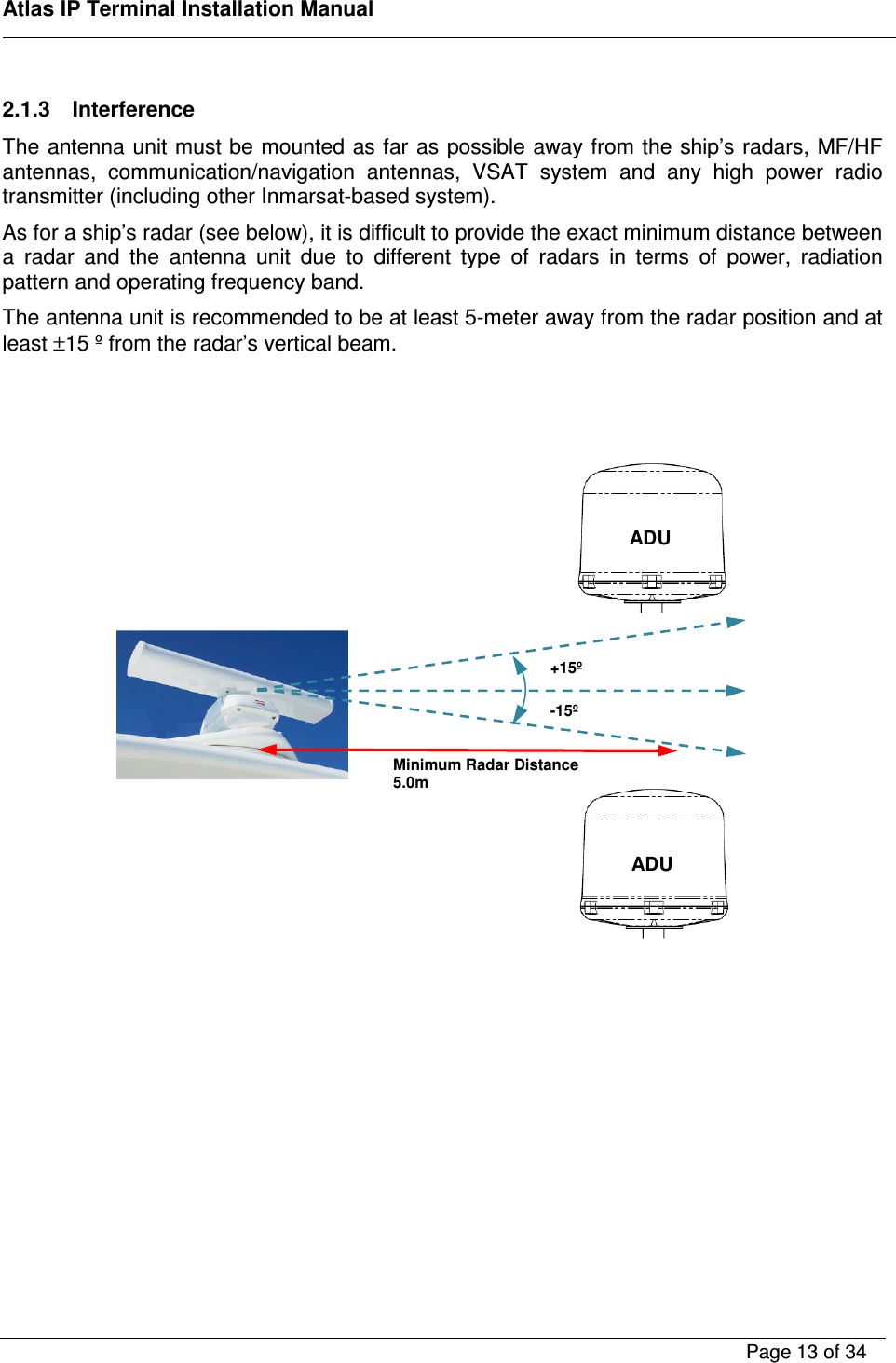    Atlas IP Terminal Installation Manual        Page 13 of 34     2.1.3  Interference The antenna unit must be mounted as far as possible away from the ship&rsquo;s radars, MF/HF antennas,  communication/navigation  antennas,  VSAT  system  and  any  high  power  radio transmitter (including other Inmarsat-based system). As for a ship&rsquo;s radar (see below), it is difficult to provide the exact minimum distance between a  radar  and  the  antenna  unit  due  to  different  type  of  radars  in  terms  of  power,  radiation pattern and operating frequency band. The antenna unit is recommended to be at least 5-meter away from the radar position and at least &plusmn;15 &ordm; from the radar&rsquo;s vertical beam.                     Minimum Radar Distance 5.0m +15&ordm; -15&ordm;  ADU  ADU 
