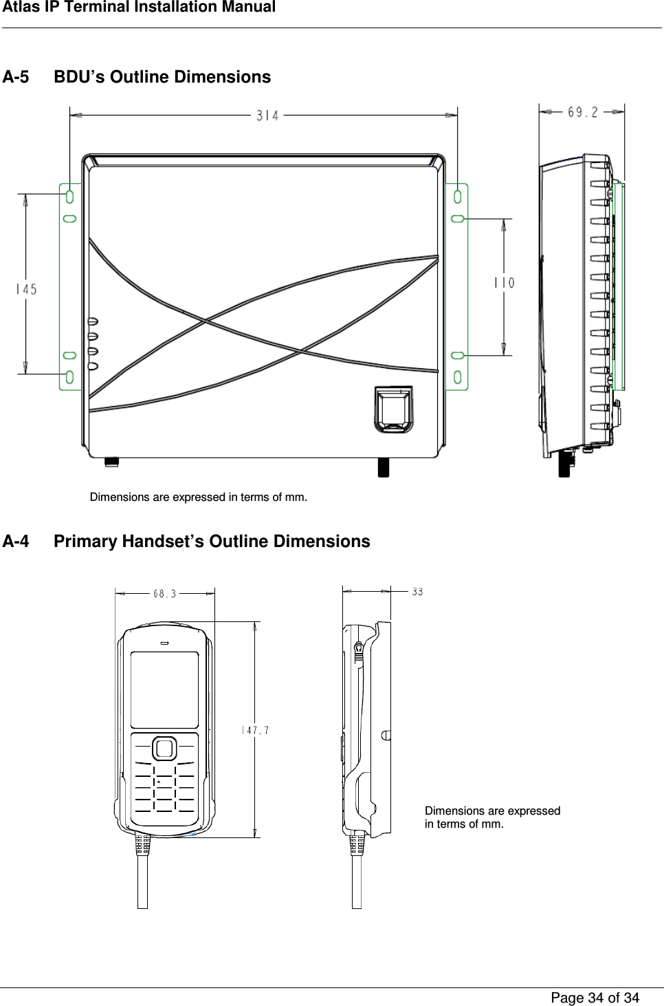    Atlas IP Terminal Installation Manual        Page 34 of 34    A-5  BDU&rsquo;s Outline Dimensions      A-4  Primary Handset&rsquo;s Outline Dimensions    Dimensions are expressed in terms of mm. Dimensions are expressed in terms of mm. 