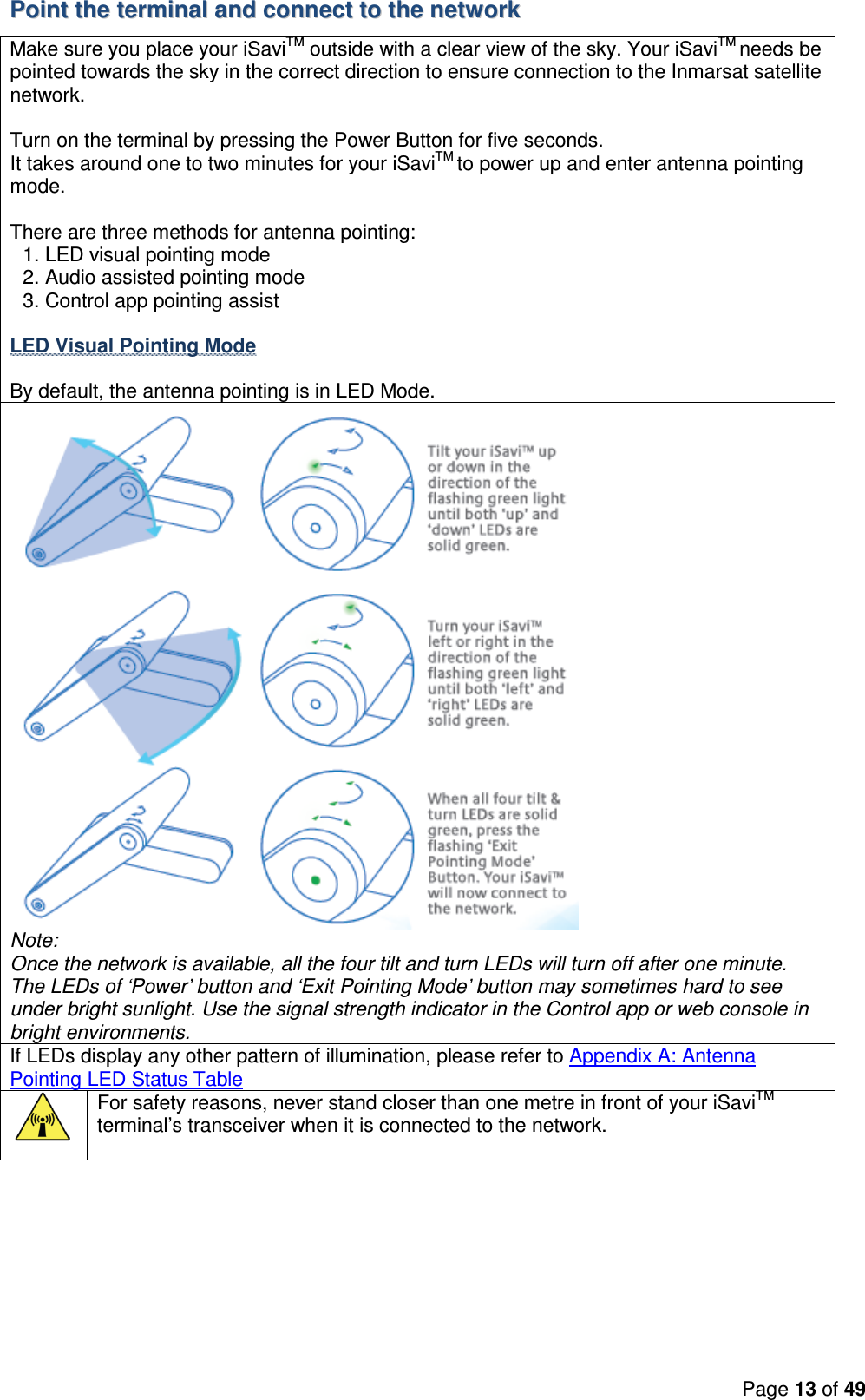 Page 13 of 49  PPooiinntt  tthhee  tteerrmmiinnaall  aanndd  ccoonnnneecctt  ttoo  tthhee  nneettwwoorrkk    Make sure you place your iSaviTM outside with a clear view of the sky. Your iSaviTM needs be pointed towards the sky in the correct direction to ensure connection to the Inmarsat satellite network.   Turn on the terminal by pressing the Power Button for five seconds. It takes around one to two minutes for your iSaviTM to power up and enter antenna pointing mode.  There are three methods for antenna pointing: 1. LED visual pointing mode 2. Audio assisted pointing mode 3. Control app pointing assist  LED Visual Pointing Mode By default, the antenna pointing is in LED Mode.   Note: Once the network is available, all the four tilt and turn LEDs will turn off after one minute. The LEDs of ‘Power’ button and ‘Exit Pointing Mode’ button may sometimes hard to see under bright sunlight. Use the signal strength indicator in the Control app or web console in bright environments. If LEDs display any other pattern of illumination, please refer to Appendix A: Antenna Pointing LED Status Table  For safety reasons, never stand closer than one metre in front of your iSaviTM terminal’s transceiver when it is connected to the network.     