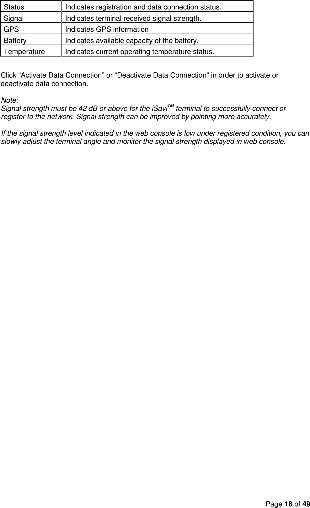 Page 18 of 49  Status  Indicates registration and data connection status.  Signal  Indicates terminal received signal strength. GPS  Indicates GPS information Battery  Indicates available capacity of the battery. Temperature  Indicates current operating temperature status.   Click “Activate Data Connection” or “Deactivate Data Connection” in order to activate or deactivate data connection.   Note:  Signal strength must be 42 dB or above for the iSaviTM terminal to successfully connect or register to the network. Signal strength can be improved by pointing more accurately.   If the signal strength level indicated in the web console is low under registered condition, you can slowly adjust the terminal angle and monitor the signal strength displayed in web console.  