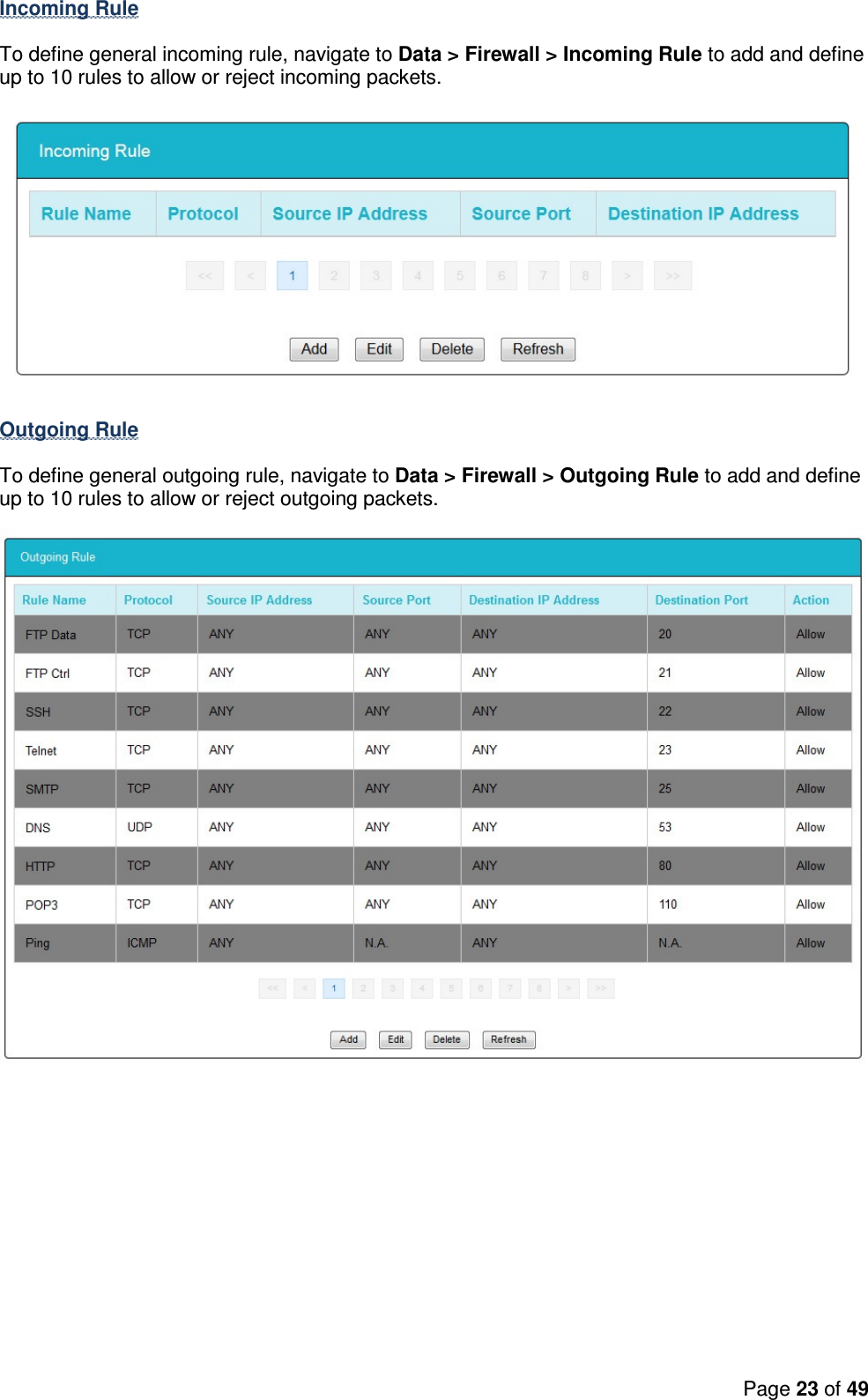Page 23 of 49    Incoming Rule To define general incoming rule, navigate to Data &gt; Firewall &gt; Incoming Rule to add and define up to 10 rules to allow or reject incoming packets.  Outgoing Rule To define general outgoing rule, navigate to Data &gt; Firewall &gt; Outgoing Rule to add and define up to 10 rules to allow or reject outgoing packets.  