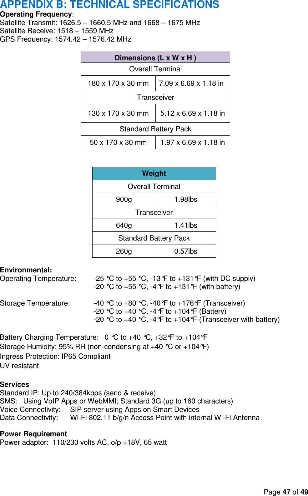 Page 47 of 49   APPENDIX B: TECHNICAL SPECIFICATIONS Operating Frequency: Satellite Transmit: 1626.5 – 1660.5 MHz and 1668 – 1675 MHz Satellite Receive: 1518 – 1559 MHz GPS Frequency: 1574.42 – 1576.42 MHz                Weight Overall Terminal 900g  1.98lbs Transceiver 640g  1.41lbs Standard Battery Pack 260g  0.57lbs  Environmental: Operating Temperature:      -25 °C to +55 °C, -13°F to +131°F (with DC supply)                                             -20 °C to +55 °C, -4°F to +131°F (with battery)  Storage Temperature:   -40 °C to +80 °C, -40°F to +176°F (Transceiver)           -20 °C to +40 °C, -4°F to +104°F (Battery)                                        -20 °C to +40 °C, -4°F to +104°F (Transceiver with battery)  Battery Charging Temperature:   0 °C to +40 °C, +32°F to +104°F Storage Humidity: 95% RH (non-condensing at +40 °C or +104°F)  Ingress Protection: IP65 Compliant UV resistant  Services Standard IP: Up to 240/384kbps (send &amp; receive) SMS:  Using VoIP Apps or WebMMI; Standard 3G (up to 160 characters) Voice Connectivity:  SIP server using Apps on Smart Devices  Data Connectivity:  Wi-Fi 802.11 b/g/n Access Point with internal Wi-Fi Antenna   Power Requirement   Power adaptor:  110/230 volts AC, o/p +18V, 65 watt  Dimensions (L x W x H ) Overall Terminal 180 x 170 x 30 mm  7.09 x 6.69 x 1.18 in Transceiver 130 x 170 x 30 mm  5.12 x 6.69 x 1.18 in Standard Battery Pack 50 x 170 x 30 mm  1.97 x 6.69 x 1.18 in 