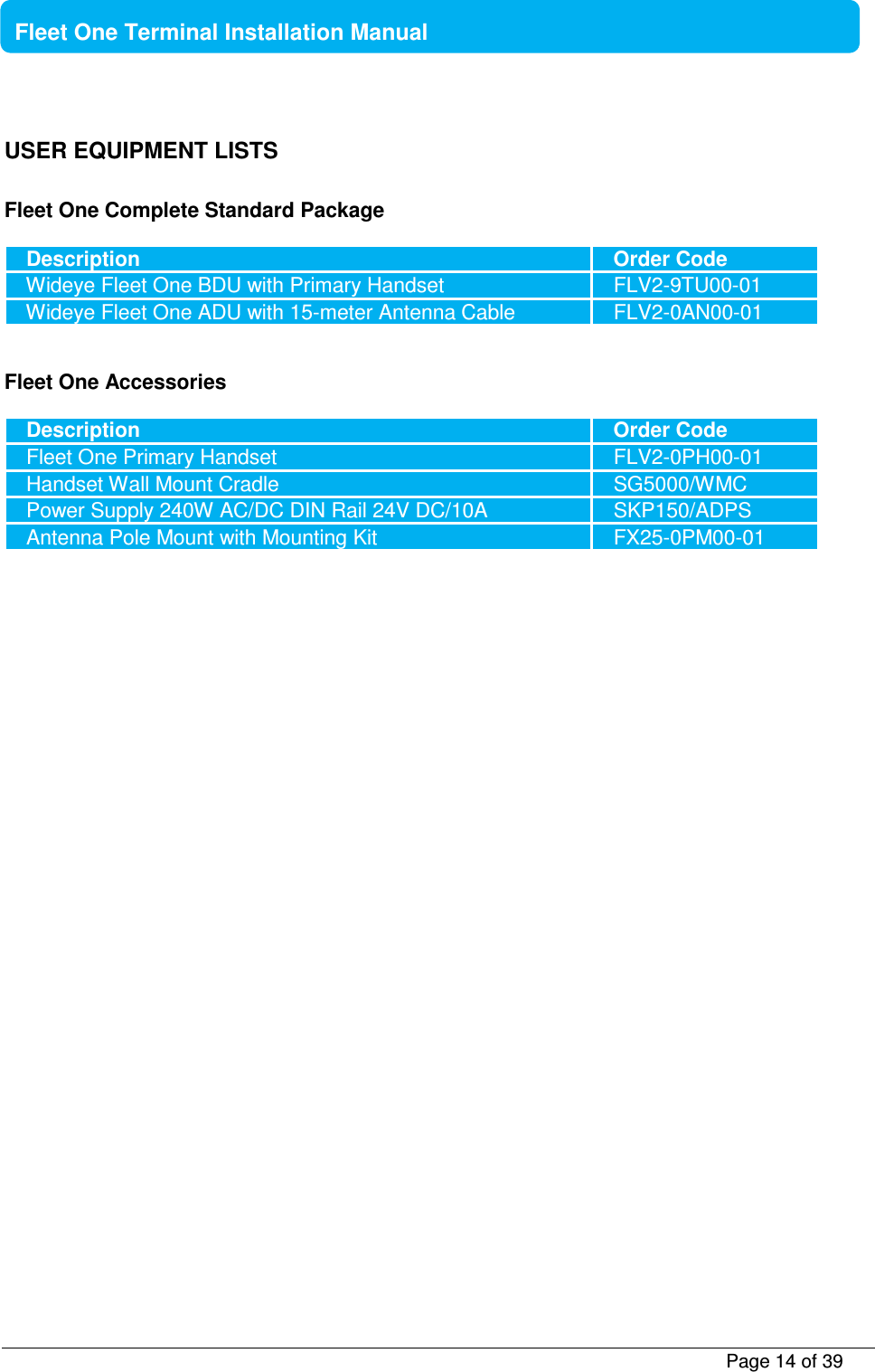           Page 14 of 39    Fleet One Terminal Installation Manual  USER EQUIPMENT LISTS  Fleet One Complete Standard Package    Description   Order Code   Wideye Fleet One BDU with Primary Handset    FLV2-9TU00-01   Wideye Fleet One ADU with 15-meter Antenna Cable    FLV2-0AN00-01   Fleet One Accessories    Description   Order Code   Fleet One Primary Handset    FLV2-0PH00-01   Handset Wall Mount Cradle    SG5000/WMC   Power Supply 240W AC/DC DIN Rail 24V DC/10A    SKP150/ADPS   Antenna Pole Mount with Mounting Kit    FX25-0PM00-01   