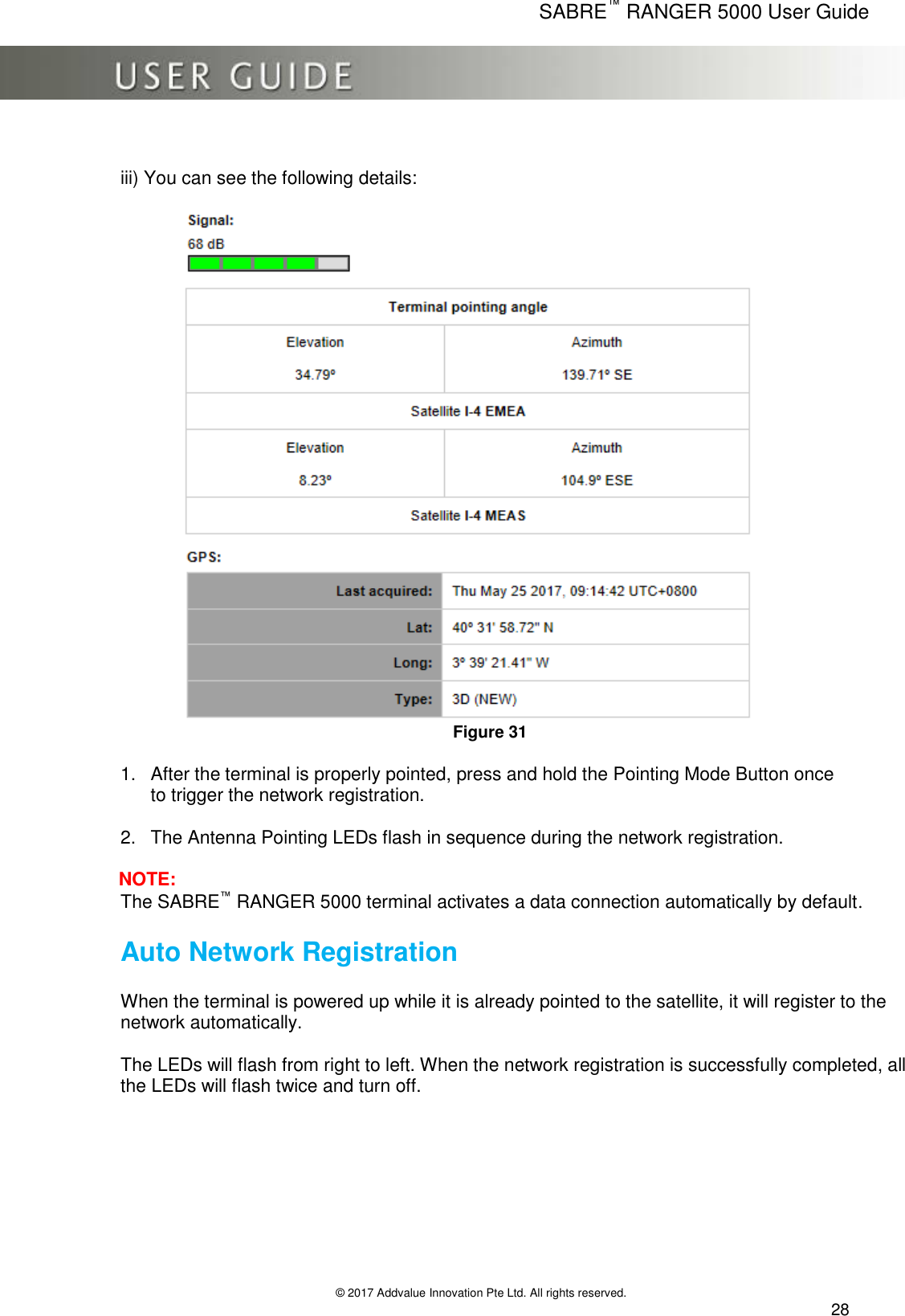      SABRE™ RANGER 5000 User Guide   © 2017 Addvalue Innovation Pte Ltd. All rights reserved.  28  iii) You can see the following details:                     Figure 31  1.  After the terminal is properly pointed, press and hold the Pointing Mode Button once to trigger the network registration.  2.  The Antenna Pointing LEDs flash in sequence during the network registration.  NOTE:  The SABRE™ RANGER 5000 terminal activates a data connection automatically by default.     Auto Network Registration  When the terminal is powered up while it is already pointed to the satellite, it will register to the network automatically.  The LEDs will flash from right to left. When the network registration is successfully completed, all the LEDs will flash twice and turn off.        