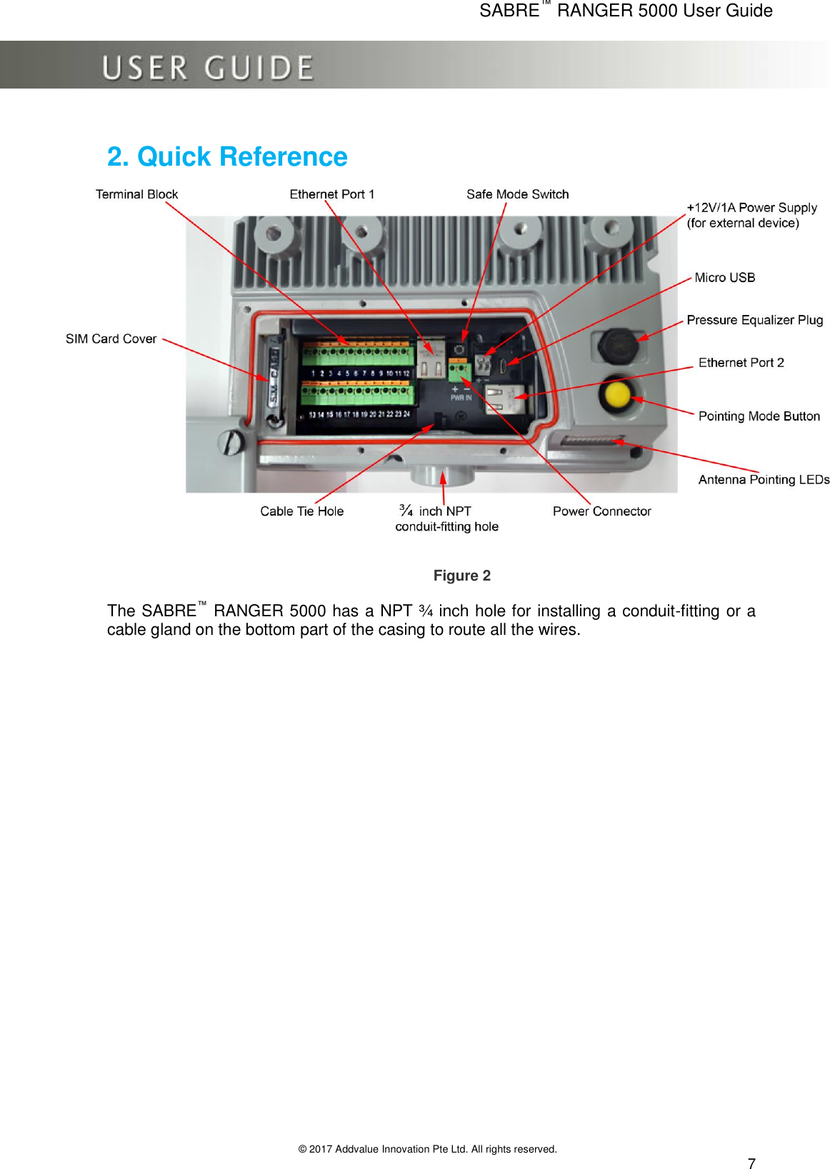      SABRE™ RANGER 5000 User Guide   © 2017 Addvalue Innovation Pte Ltd. All rights reserved.  7 2. Quick Reference                   Figure 2 The SABRE™ RANGER 5000 has a NPT ¾ inch hole for installing a conduit-fitting or a cable gland on the bottom part of the casing to route all the wires. 