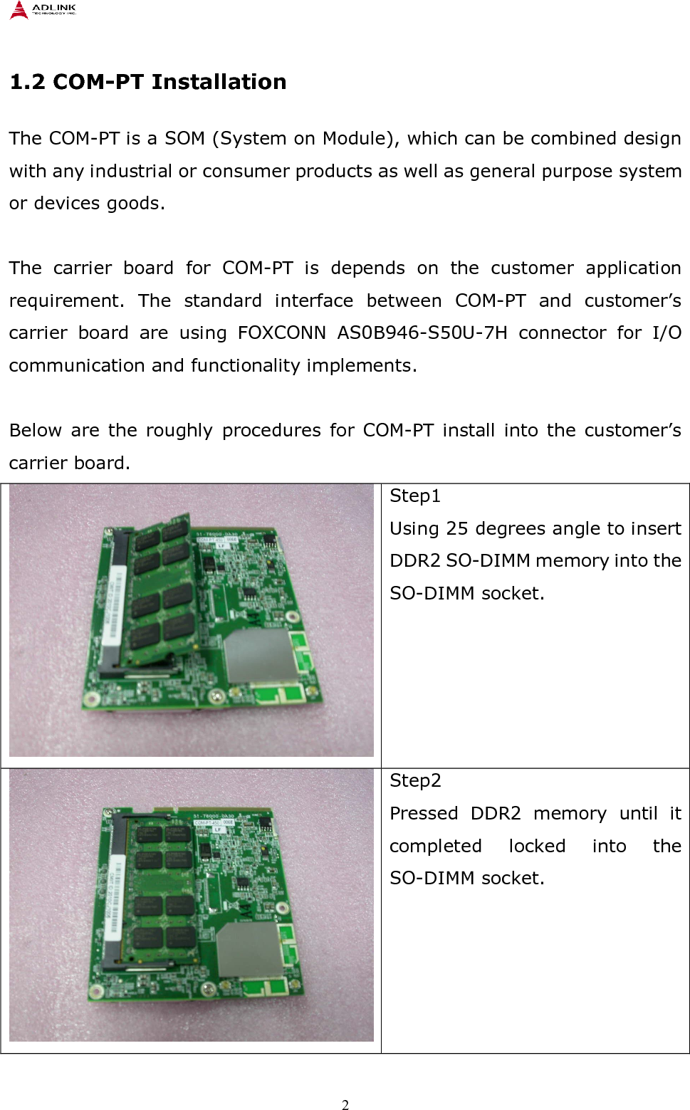    2  1.2 COM-PT Installation  The COM-PT is a SOM (System on Module), which can be combined design with any industrial or consumer products as well as general purpose system or devices goods.  The  carrier  board  for  COM-PT  is  depends  on  the  customer  application requirement.  The  standard  interface  between  COM-PT  and  customer’s carrier  board  are  using  FOXCONN  AS0B946-S50U-7H  connector  for  I/O communication and functionality implements.  Below  are  the  roughly  procedures  for  COM-PT install  into  the  customer’s carrier board.    Step1 Using 25 degrees angle to insert DDR2 SO-DIMM memory into the SO-DIMM socket.  Step2 Pressed  DDR2  memory  until  it completed  locked  into  the SO-DIMM socket.   