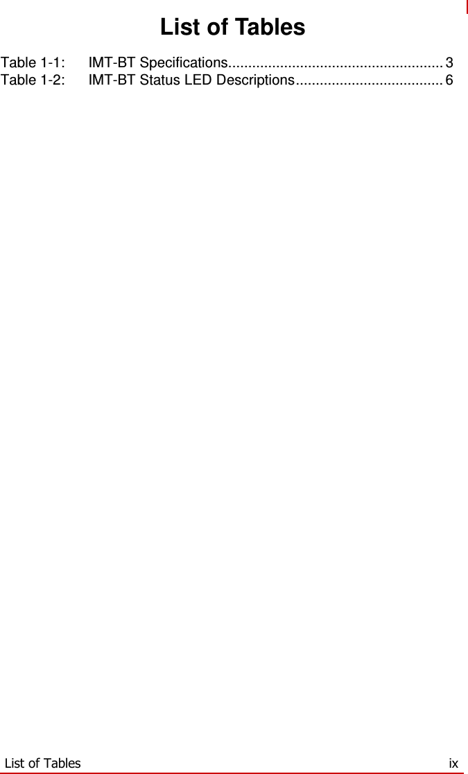   List of Tables  Table 1-1:   IMT-BT Specifications...................................................... 3 Table 1-2:   IMT-BT Status LED Descriptions..................................... 6                                               List of Tables  ix 