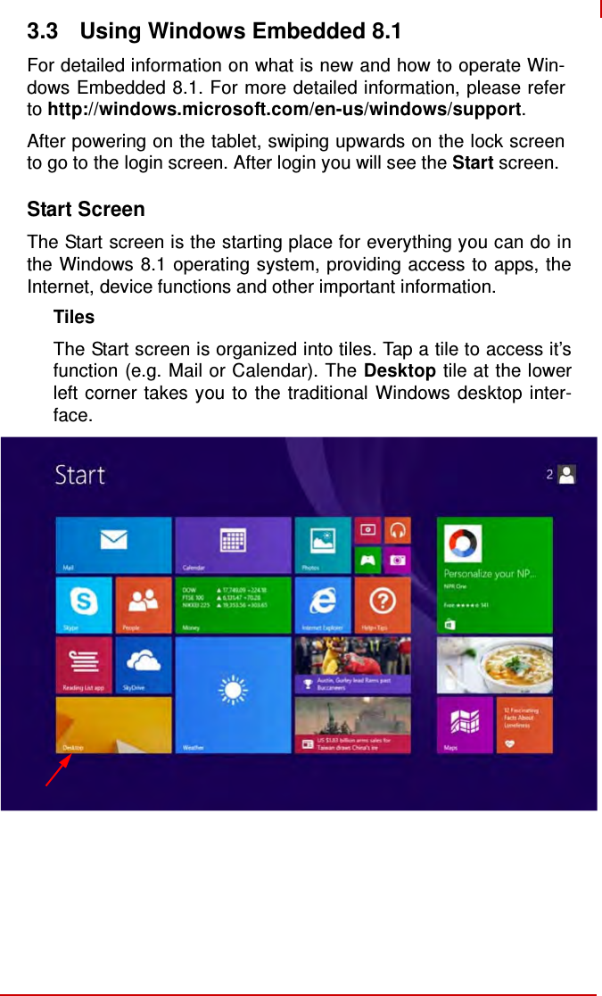   3.3  Using Windows Embedded 8.1  For detailed information on what is new and how to operate Win- dows Embedded 8.1. For more detailed information, please refer to http://windows.microsoft.com/en-us/windows/support.  After powering on the tablet, swiping upwards on the lock screen to go to the login screen. After login you will see the Start screen.  Start Screen  The Start screen is the starting place for everything you can do in the Windows 8.1 operating system, providing access to apps, the Internet, device functions and other important information. Tiles  The Start screen is organized into tiles. Tap a tile to access it’s function (e.g. Mail or Calendar). The Desktop tile at the lower left corner takes you to the traditional Windows desktop inter- face. 