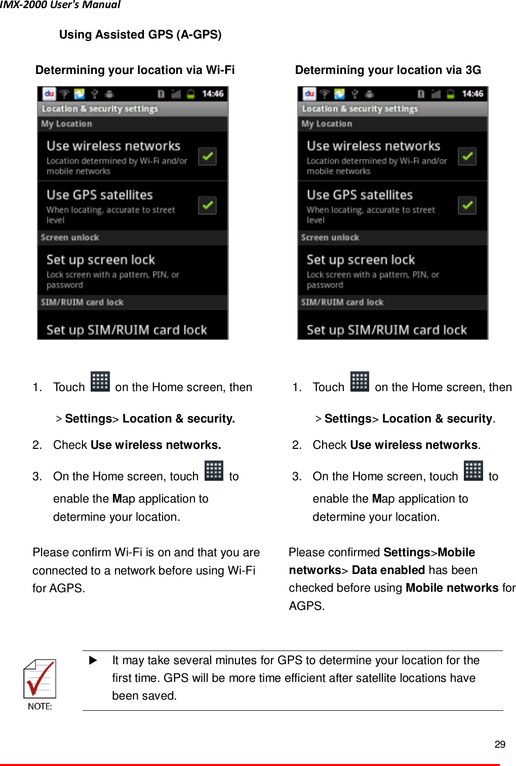 IMX-2000 User's Manual  29  Using Assisted GPS (A-GPS)  Determining your location via Wi-Fi     1.  Touch    on the Home screen, then ＞Settings> Location &amp; security.   2.  Check Use wireless networks. 3.  On the Home screen, touch    to enable the Map application to determine your location.  Please confirm Wi-Fi is on and that you are connected to a network before using Wi-Fi for AGPS.   Determining your location via 3G   1.  Touch    on the Home screen, then ＞Settings> Location &amp; security.   2.  Check Use wireless networks.   3.  On the Home screen, touch    to enable the Map application to determine your location.    Please confirmed Settings>Mobile networks> Data enabled has been checked before using Mobile networks for AGPS.       It may take several minutes for GPS to determine your location for the first time. GPS will be more time efficient after satellite locations have been saved.  