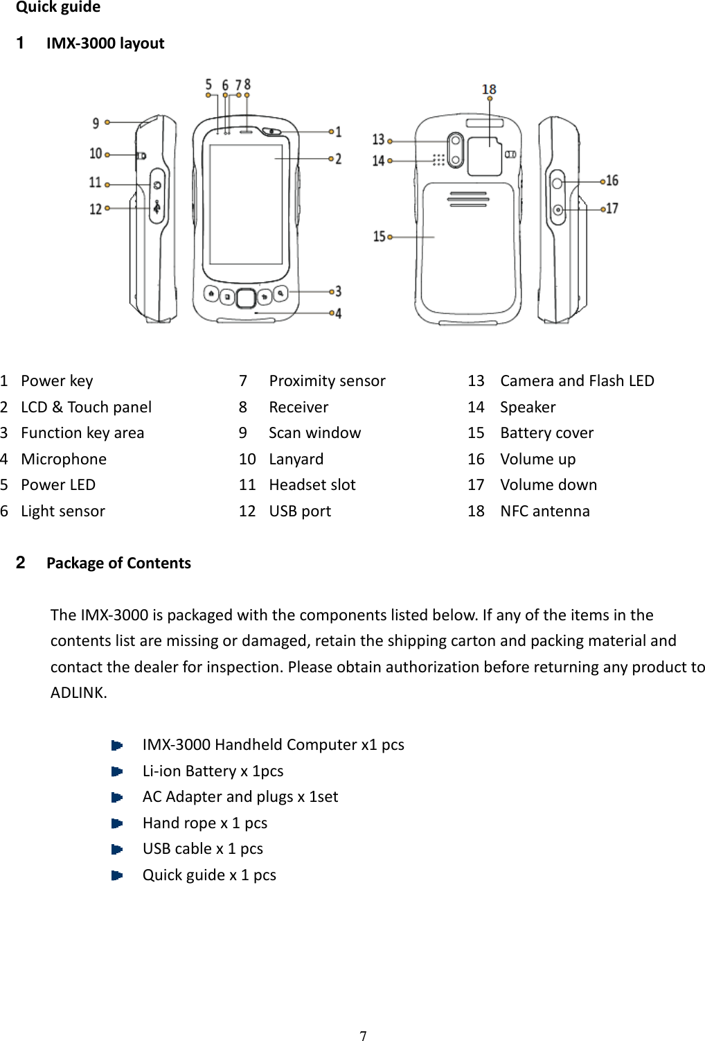 7 Quick guide 1  IMX-3000 layout   1 Power key  7  Proximity sensor  13  Camera and Flash LED 2 LCD &amp; Touch panel  8  Receiver  14  Speaker 3 Function key area  9  Scan window  15  Battery cover 4 Microphone  10 Lanyard  16  Volume up 5 Power LED  11 Headset slot  17  Volume down 6 Light sensor  12 USB port  18  NFC antenna  2  Package of Contents  The IMX-3000 is packaged with the components listed below. If any of the items in the contents list are missing or damaged, retain the shipping carton and packing material and contact the dealer for inspection. Please obtain authorization before returning any product to ADLINK.   IMX-3000 Handheld Computer x1 pcs  Li-ion Battery x 1pcs  AC Adapter and plugs x 1set  Hand rope x 1 pcs  USB cable x 1 pcs  Quick guide x 1 pcs