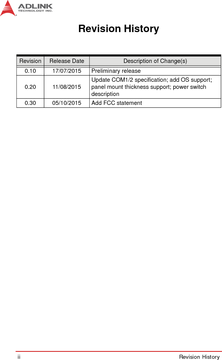 ii Revision HistoryRevision HistoryRevision Release Date Description of Change(s)0.10 17/07/2015 Preliminary release0.20 11/08/2015Update COM1/2 specification; add OS support; panel mount thickness support; power switch description0.30 05/10/2015 Add FCC statement