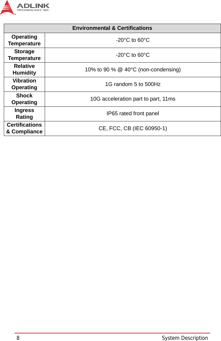 8System DescriptionEnvironmental &amp; CertificationsOperating Temperature -20°C to 60°CStorage Temperature -20°C to 60°CRelative Humidity 10% to 90 % @ 40°C (non-condensing)Vibration Operating 1G random 5 to 500HzShock Operating 10G acceleration part to part, 11msIngress Rating IP65 rated front panelCertifications &amp; Compliance CE, FCC, CB (IEC 60950-1)