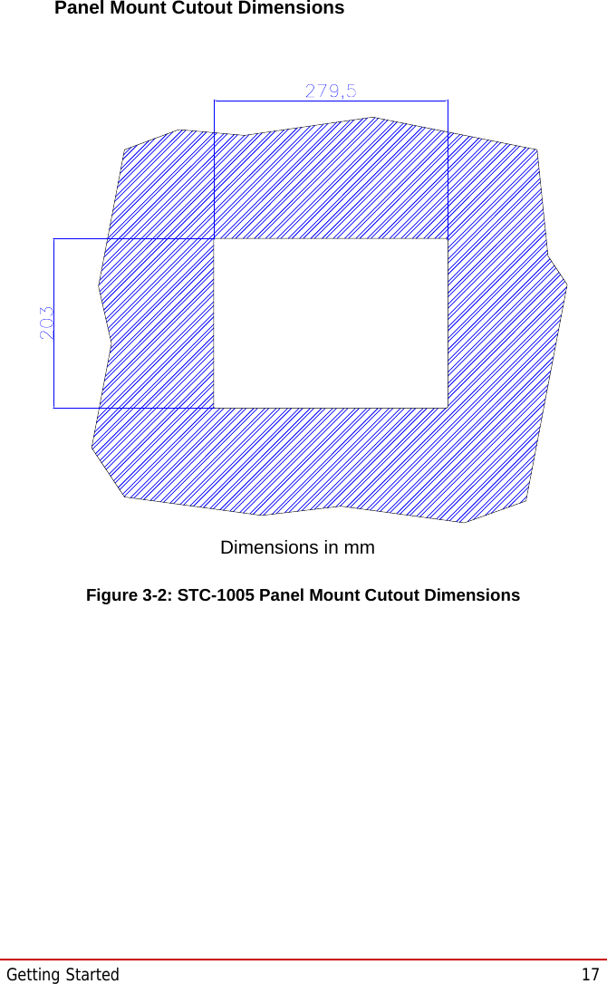 Getting Started  17STC-1005/1205/1505Panel Mount Cutout DimensionsFigure 3-2: STC-1005 Panel Mount Cutout DimensionsDimensions in mm