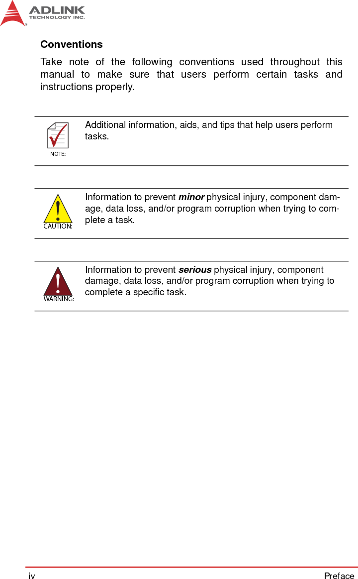 iv PrefaceConventionsTake note of the following conventions used throughout thismanual to make sure that users perform certain tasks andinstructions properly.NOTE:NOTE:Additional information, aids, and tips that help users perform tasks.CAUTION:Information to prevent minor physical injury, component dam-age, data loss, and/or program corruption when trying to com-plete a task.WARNING:Information to prevent serious physical injury, component damage, data loss, and/or program corruption when trying to complete a specific task.