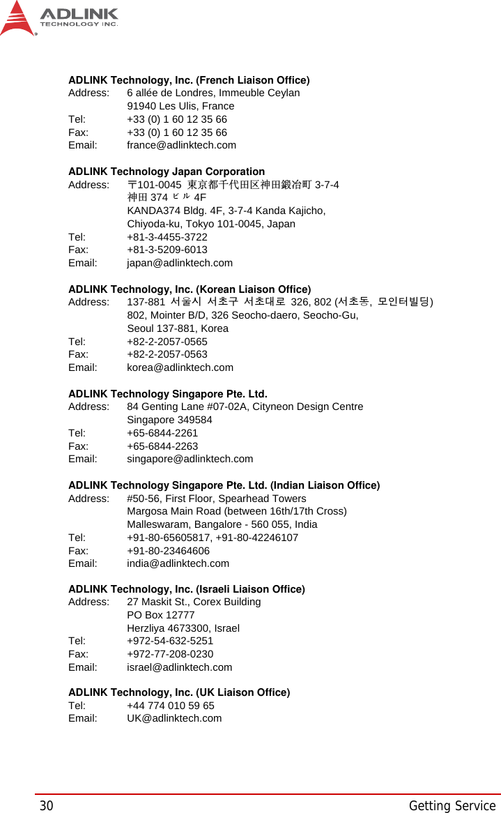 30 Getting ServiceADLINK Technology, Inc. (French Liaison Office) Address:    6 allée de Londres, Immeuble Ceylan   91940 Les Ulis, France Tel:    +33 (0) 1 60 12 35 66 Fax:    +33 (0) 1 60 12 35 66 Email:   france@adlinktech.com  ADLINK Technology Japan Corporation Address: ͱ101-0045  ᵅҀ䛑गҷ⬄ऎ⼲⬄䤯ފ⬎ 3-7-4 ⼲⬄ 374 ɛɳ 4F KANDA374 Bldg. 4F, 3-7-4 Kanda Kajicho, Chiyoda-ku, Tokyo 101-0045, Japan Tel:   +81-3-4455-3722 Fax:   +81-3-5209-6013 Email:   japan@adlinktech.com ADLINK Technology, Inc. (Korean Liaison Office) Address: 137-881 昢殾柢 昢爎割 昢爎堆嵢  326, 802 (昢爎壟,微汾瘶捒娯)802, Mointer B/D, 326 Seocho-daero, Seocho-Gu,   Seoul 137-881, Korea Tel:   +82-2-2057-0565 Fax:   +82-2-2057-0563 Email:   korea@adlinktech.com ADLINK Technology Singapore Pte. Ltd. Address:    84 Genting Lane #07-02A, Cityneon Design Centre Singapore 349584 Tel:   +65-6844-2261 Fax:   +65-6844-2263 Email:   singapore@adlinktech.com ADLINK Technology Singapore Pte. Ltd. (Indian Liaison Office) Address:    #50-56, First Floor, Spearhead Towers Margosa Main Road (between 16th/17th Cross)   Malleswaram, Bangalore - 560 055, India Tel:   +91-80-65605817, +91-80-42246107 Fax:   +91-80-23464606 Email:   india@adlinktech.com ADLINK Technology, Inc. (Israeli Liaison Office) Address:    27 Maskit St., Corex Building  PO Box 12777   Herzliya 4673300, Israel Tel:   +972-54-632-5251 Fax:   +972-77-208-0230 Email:   israel@adlinktech.com ADLINK Technology, Inc. (UK Liaison Office) Tel:    +44 774 010 59 65 Email:   UK@adlinktech.com 