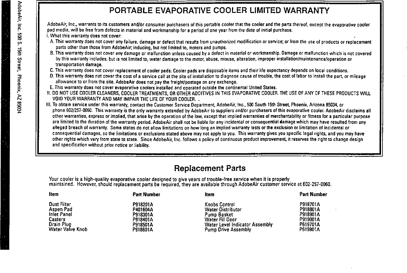 Page 8 of 8 - ADOBEAIR  Evaporative Cooler Manual L9070129
