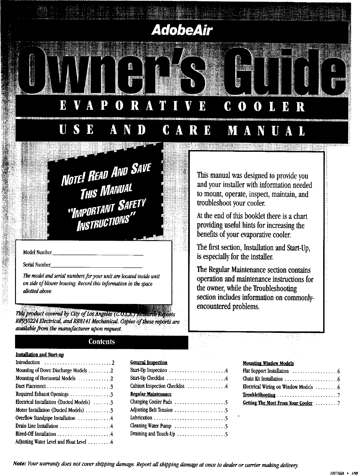 Page 1 of 8 - ADOBEAIR  Evaporative Cooler Manual L9070132