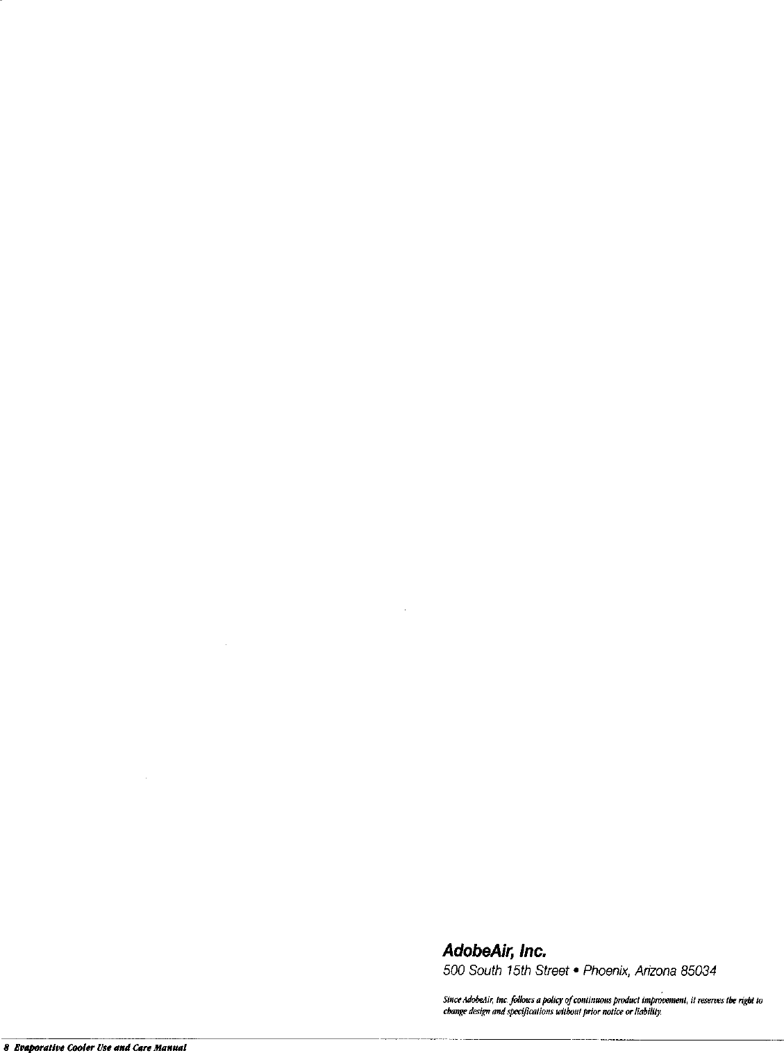 Page 8 of 8 - ADOBEAIR  Evaporative Cooler Manual L9070132