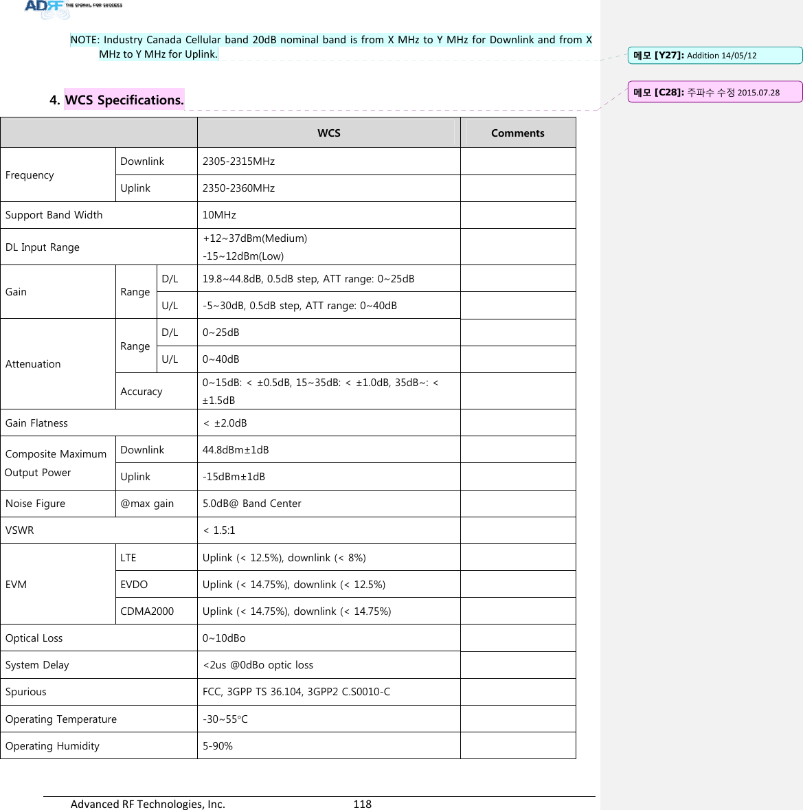 AdvancedRFTechnologies,Inc.  118NOTE:IndustryCanadaCellularband20dBnominalbandisfromXMHztoYMHzforDownlinkandfromXMHztoYMHzforUplink. 4. WCS Specifications.  WCS  Comments Frequency Downlink  2305-2315MHz   Uplink  2350-2360MHz   Support Band Width  10MHz   DL Input Range  +12~37dBm(Medium) -15~12dBm(Low)   Gain  Range D/L  19.8~44.8dB, 0.5dB step, ATT range: 0~25dB   U/L  -5~30dB, 0.5dB step, ATT range: 0~40dB   Attenuation Range D/L  0~25dB   U/L  0~40dB   Accuracy  0~15dB: &lt; ±0.5dB, 15~35dB: &lt; ±1.0dB, 35dB~: &lt; ±1.5dB   Gain Flatness  &lt; ±2.0dB   Composite Maximum  Output Power Downlink  44.8dBm±1dB   Uplink  -15dBm±1dB   Noise Figure  @max gain  5.0dB@ Band Center   VSWR  &lt; 1.5:1   EVM LTE  Uplink (&lt; 12.5%), downlink (&lt; 8%)   EVDO  Uplink (&lt; 14.75%), downlink (&lt; 12.5%)   CDMA2000  Uplink (&lt; 14.75%), downlink (&lt; 14.75%)   Optical Loss  0~10dBo   System Delay  &lt;2us @0dBo optic loss   Spurious  FCC, 3GPP TS 36.104, 3GPP2 C.S0010-C   Operating Temperature  -30~55C   Operating Humidity  5-90%   메모 [Y27]: Addition14/05/12메모 [C28]: 주파수수정2015.07.28