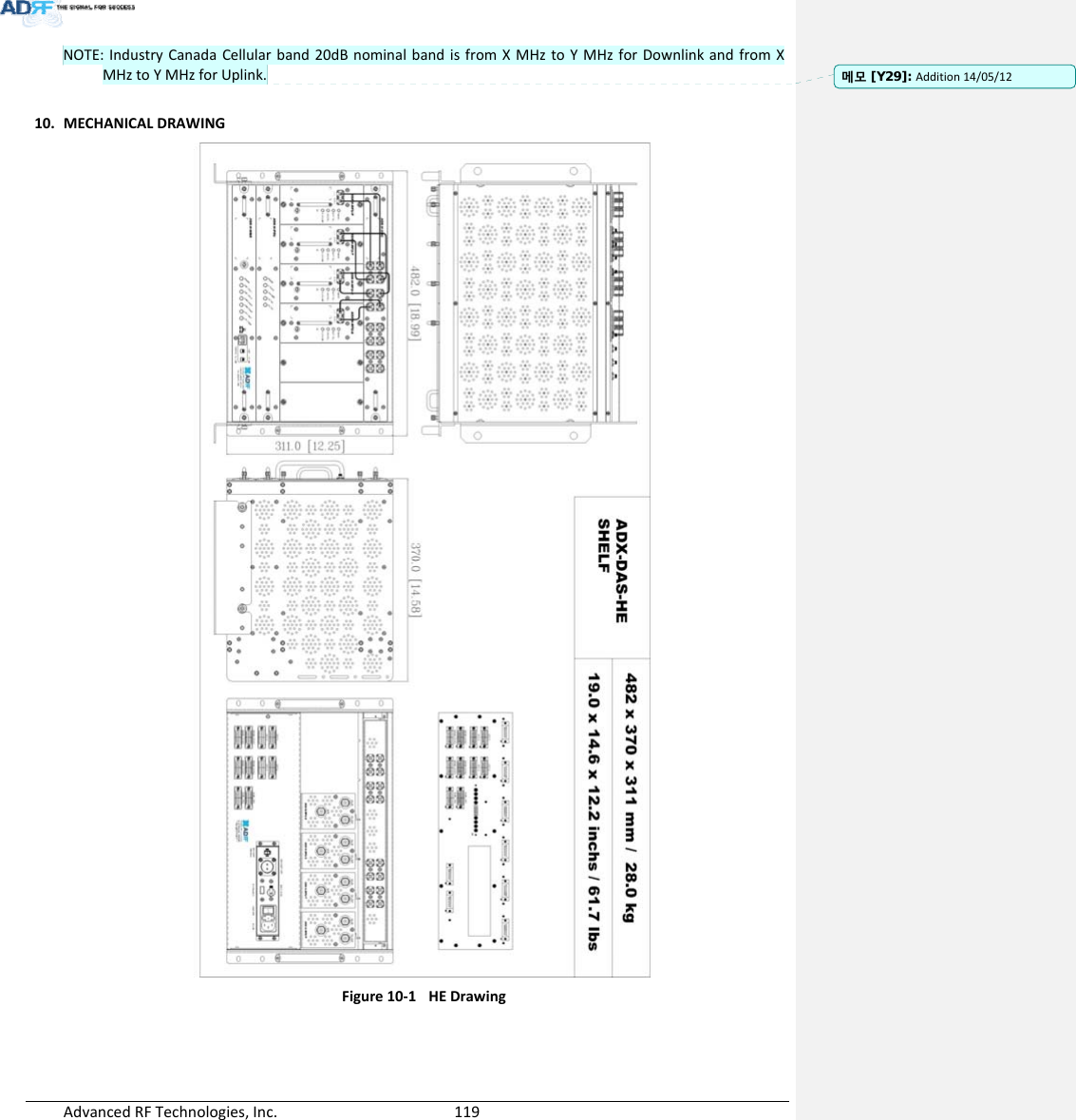AdvancedRFTechnologies,Inc.  119NOTE:IndustryCanadaCellularband20dBnominalbandisfromXMHztoYMHzforDownlinkandfromXMHztoYMHzforUplink.10. MECHANICALDRAWINGFigure10‐1HEDrawing메모 [Y29]: Addition14/05/12