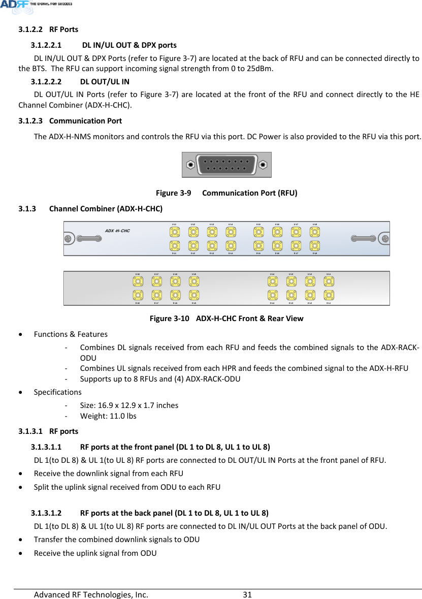 AdvancedRFTechnologies,Inc.  313.1.2.2 RFPorts3.1.2.2.1 DLIN/ULOUT&amp;DPXportsDLIN/ULOUT&amp;DPXPorts(refertoFigure3‐7)arelocatedatthebackofRFUandcanbeconnecteddirectlytotheBTS.TheRFUcansupportincomingsignalstrengthfrom0to25dBm.3.1.2.2.2 DLOUT/ULINDLOUT/ULINPorts(refertoFigure3‐7)arelocatedatthefrontoftheRFUandconnectdirectlytotheHEChannelCombiner(ADX‐H‐CHC).3.1.2.3 CommunicationPortTheADX‐H‐NMSmonitorsandcontrolstheRFUviathisport.DCPowerisalsoprovidedtotheRFUviathisport.Figure3‐9CommunicationPort(RFU)3.1.3 ChannelCombiner(ADX‐H‐CHC)ADX -H- CHCUL1 UL2 UL3 UL4DL1 DL2 DL3 DL4UL5 UL6 UL7 UL8DL5 DL6 DL7 DL8UL5UL6UL7UL8DL5DL6DL7DL8UL1UL2UL3UL4DL1DL2DL3DL4Figure3‐10ADX‐H‐CHCFront&amp;RearView Functions&amp;Features‐ CombinesDLsignalsreceivedfromeachRFUandfeedsthecombinedsignalstotheADX‐RACK‐ODU‐ CombinesULsignalsreceivedfromeachHPRandfeedsthecombinedsignaltotheADX‐H‐RFU‐ Supportsupto8RFUsand(4)ADX‐RACK‐ODU Specifications‐ Size:16.9x12.9x1.7inches‐ Weight:11.0lbs3.1.3.1 RFports3.1.3.1.1 RFportsatthefrontpanel(DL1toDL8,UL1toUL8)DL1(toDL8)&amp;UL1(toUL8)RFportsareconnectedtoDLOUT/ULINPortsatthefrontpanelofRFU. ReceivethedownlinksignalfromeachRFU SplittheuplinksignalreceivedfromODUtoeachRFU3.1.3.1.2 RFportsatthebackpanel(DL1toDL8,UL1toUL8)DL1(toDL8)&amp;UL1(toUL8)RFportsareconnectedtoDLIN/ULOUTPortsatthebackpanelofODU. TransferthecombineddownlinksignalstoODU ReceivetheuplinksignalfromODU