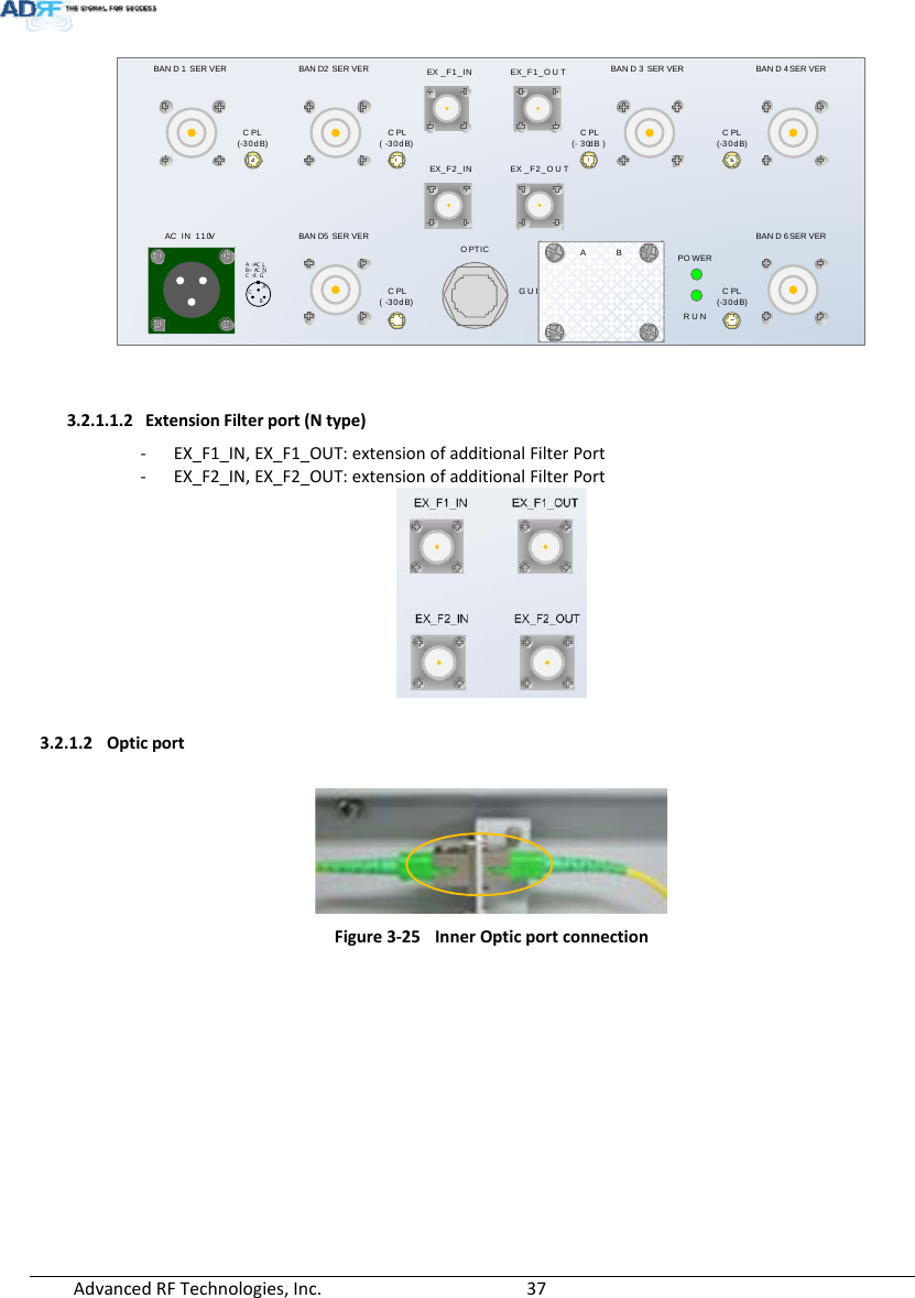 AdvancedRFTechnologies,Inc.  37BAN D 1 SER VER BAN D2 SER VERAC  IN  110VABCA  = AC _LB =  A C _NC  = F. GOPTICGUIEX _F1 _INABEX_F1_O U T BAN D 3 SER VER BAN D 4 SER VERCPL(-30dB)CPL( -30dB)CPL(- 30dB )CPL(-30dB)CPL( -30dB)CPL(-30dB)BAN D 6  SER VERBAN D5 SER VERPO WERRUNEX_F2_IN EX _F2_O U T3.2.1.1.2 ExtensionFilterport(Ntype)‐ EX_F1_IN,EX_F1_OUT:extensionofadditionalFilterPort‐ EX_F2_IN,EX_F2_OUT:extensionofadditionalFilterPort3.2.1.2 OpticportFigure3‐25InnerOpticportconnection 